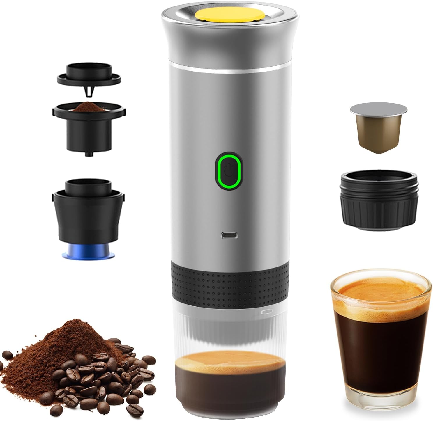 Irishom 3 in 1 Macchina per Il caff猫 elettrica Portatile, Mini Funziona con Capsule e caff猫 macinato, 15 Bar & Freddo e riscaldante per Auto, casa, Viaggio