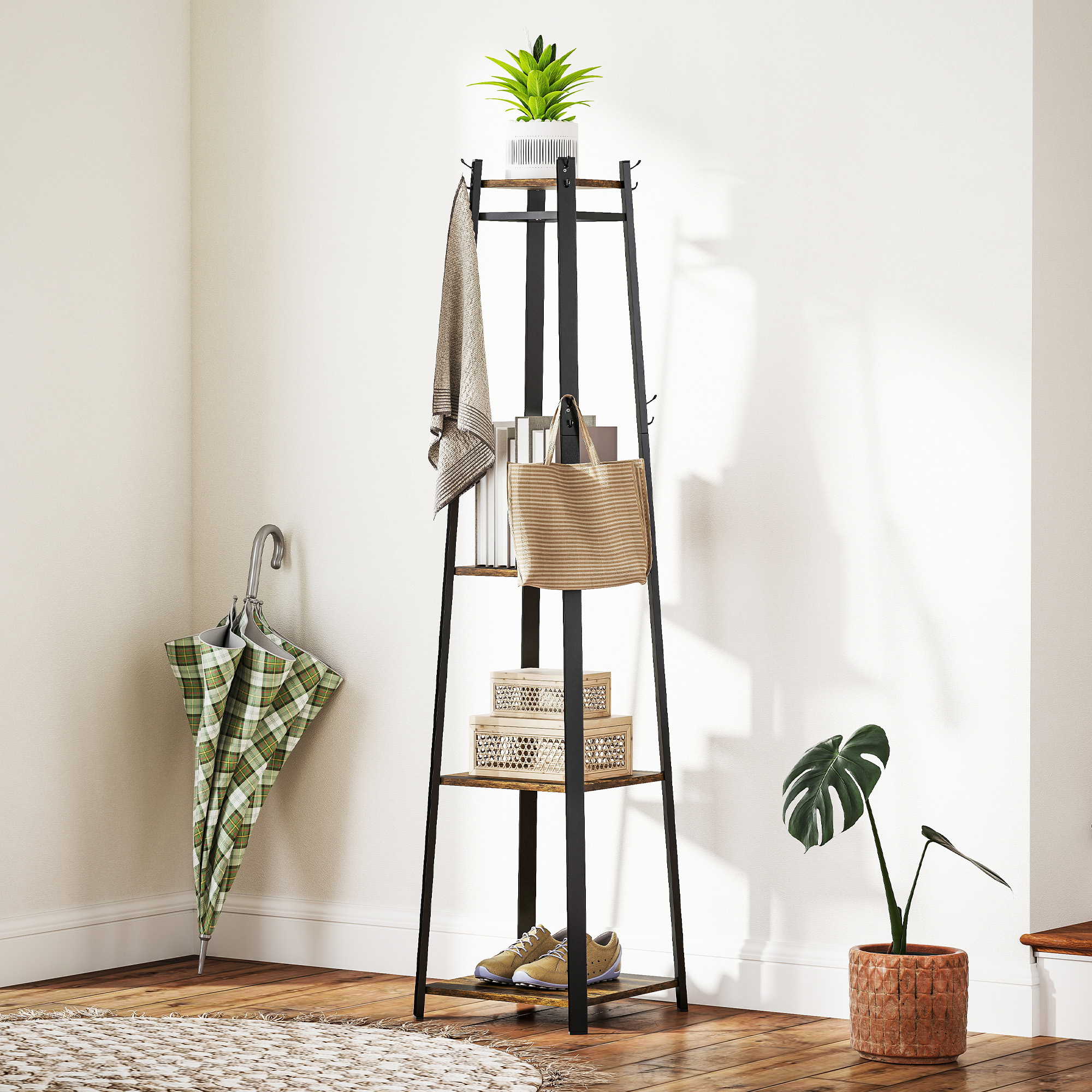 HOMCOM Kleiderständer mit 8 Haken, 3 Regalen und oberer Ablage, 34x34x170 cm, Braun