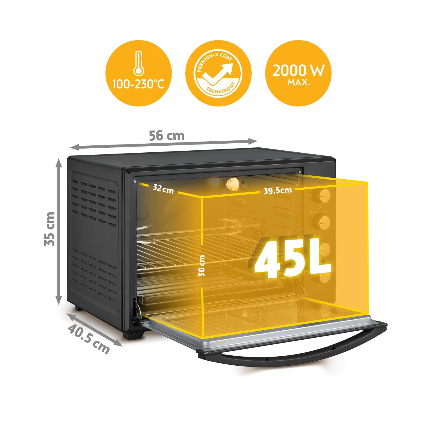 Minibackofen Mini-Backofen 45L, 2000W, Premium-X Coating (Antihaftbeschichtung)