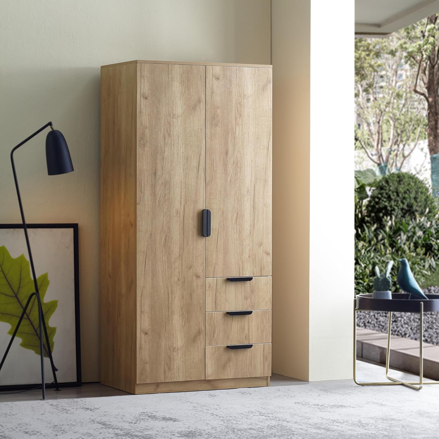 [en.casa] Wardrobe for Bedroom Closet with Doors 4 Compartments Coat Rack 3 Drawers 176 x 80 x 52 cm Oak Effect