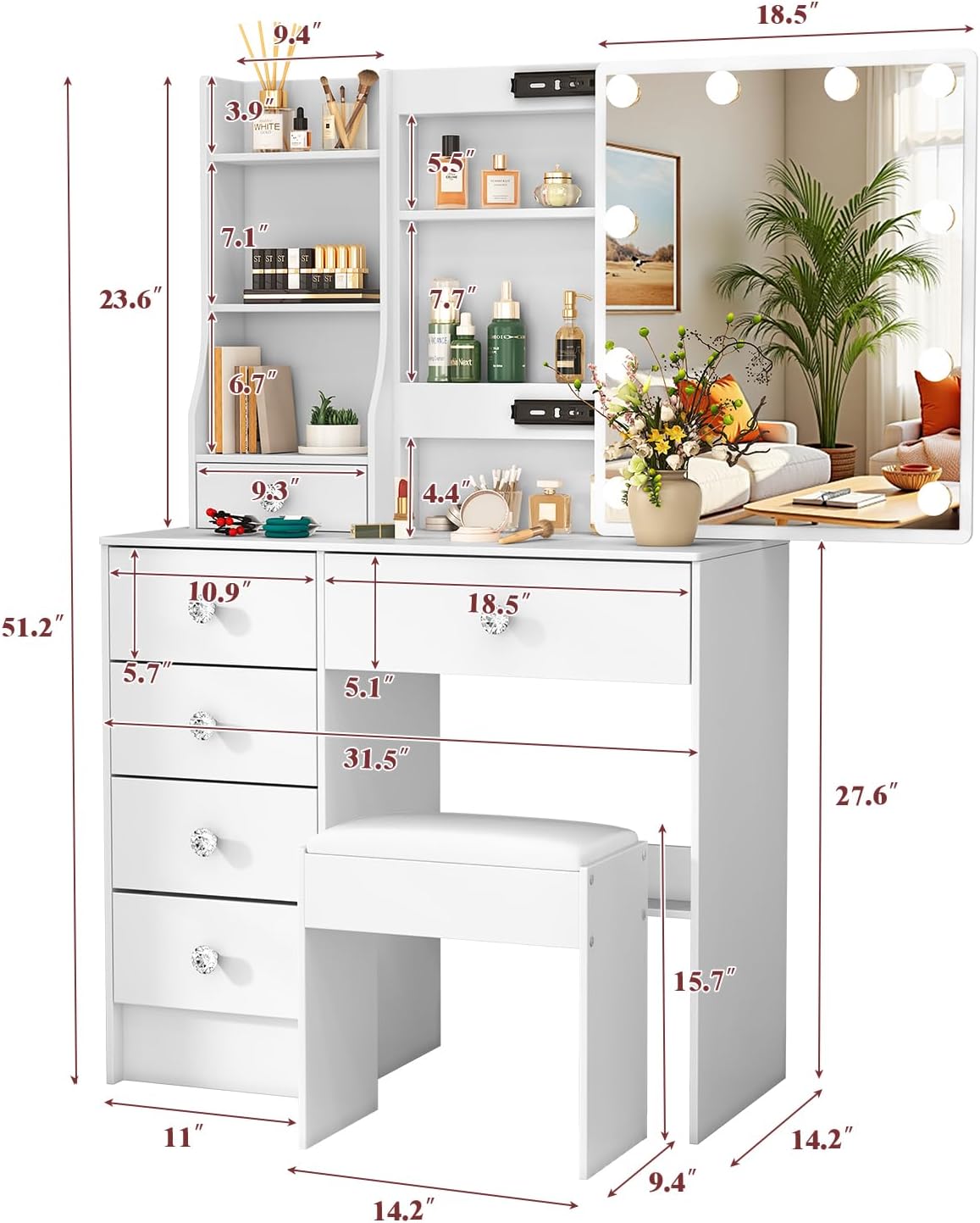 Toeletta Trucco con Specchio e Sgabello, Postazione Make-up Robusta con Luci Dimmerabili e Guida Video, Scrivania da Trucco con 6 Cassetti e 6 Ripiani, Bianco, 36×80×131 cm, H3999