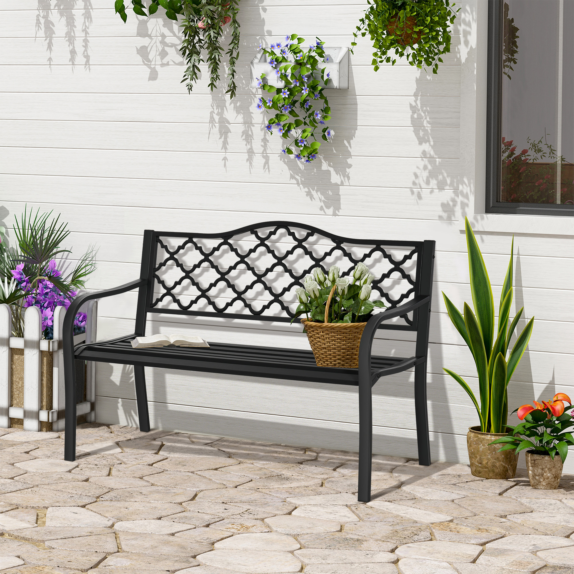 Outsunny Gartenbank 2-Sitzer Parkbank aus Metall Sitzbank bis 240 kg Bank Terrassenbank mit Rücken- & Armlehnen Gartenmöbel Gusseisen Schwarz 128 x 58,5 x 89 cm