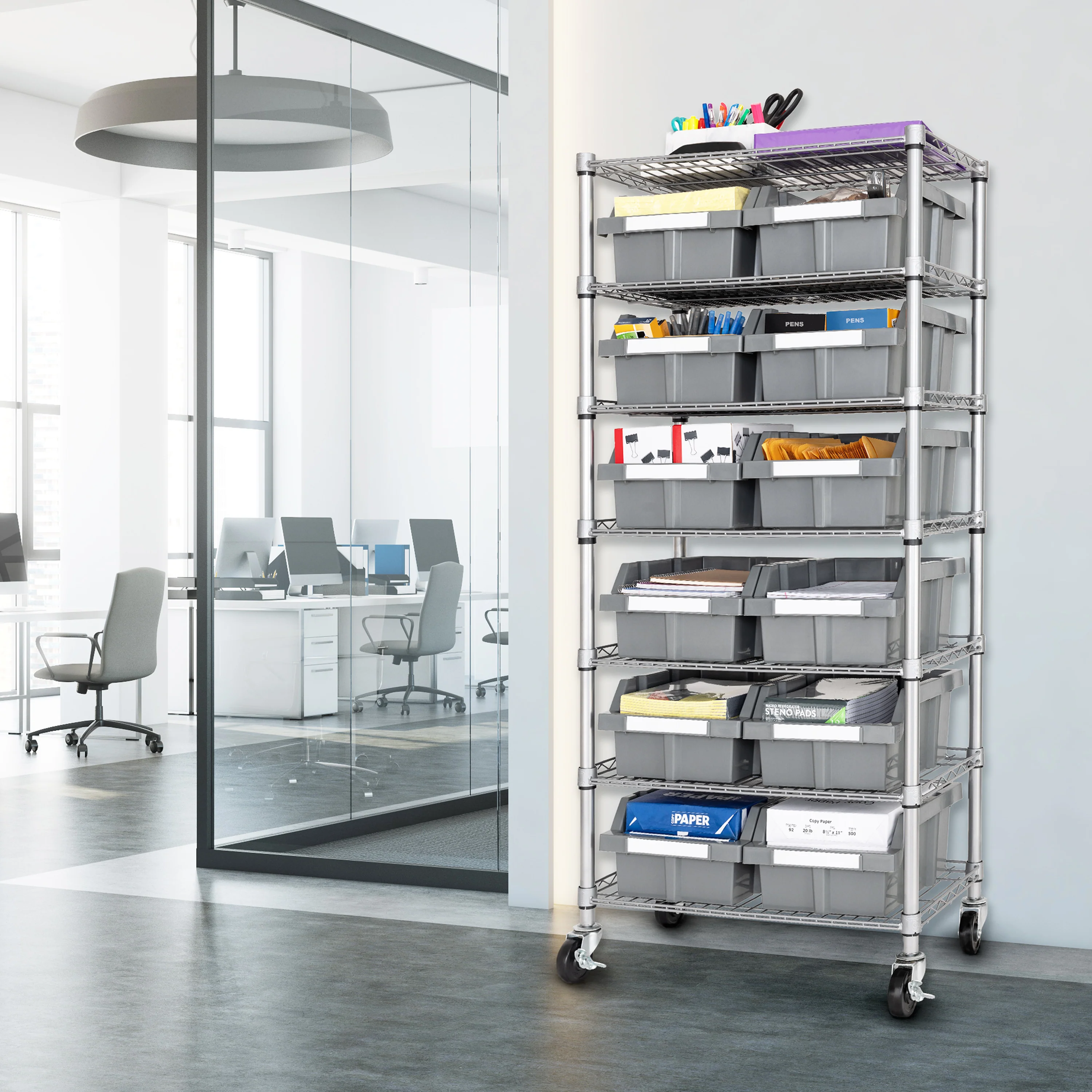 Scaffale NSF a 7 livelli con 12 contenitori