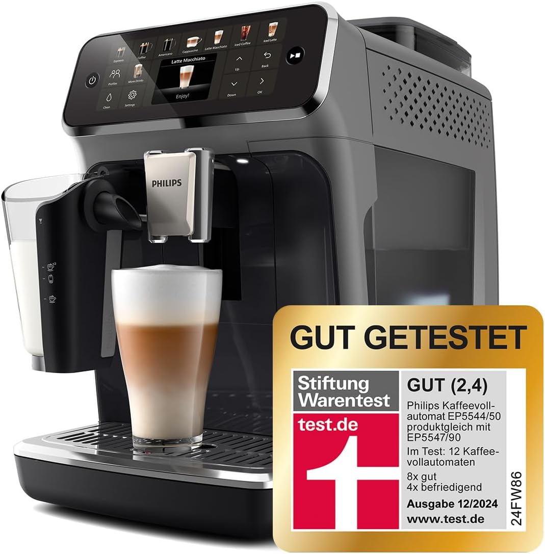 Philips Serie 5500 Kaffeevollautomat – LatteGo Milchsystem, 20 heiße und kalte Kaffeespezialitäten, 40% leiser mit SilentBrew, QuickStart, Schwarz/Grau (EP5544/50)