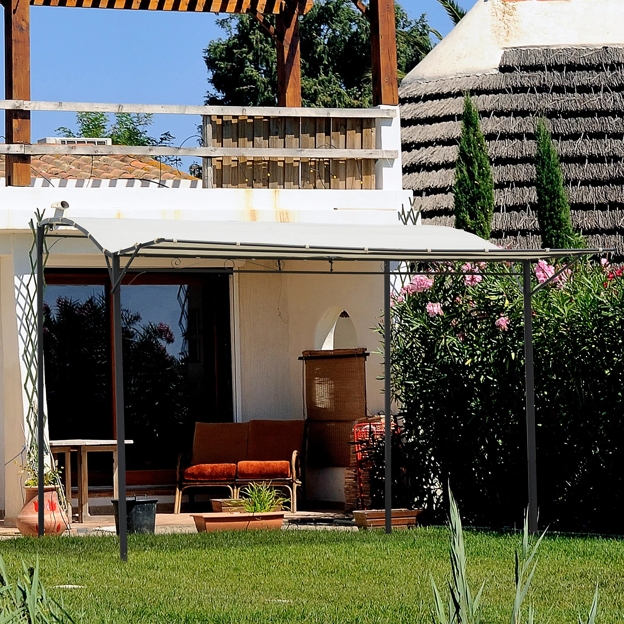 Outsunny Pergola tuindak opvouwbaar zijzeil wandmontage