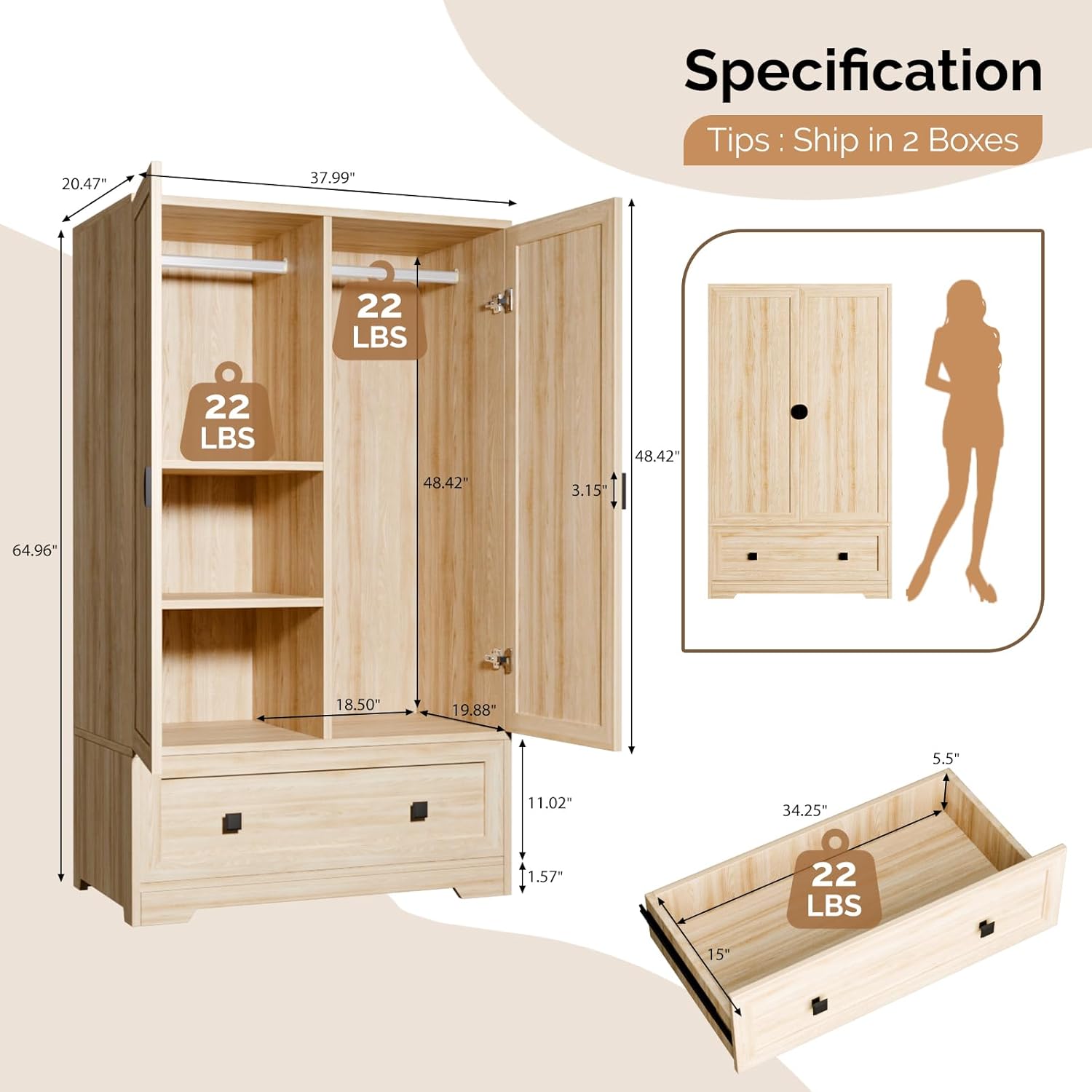 VINGLI Armoire Wardrobe Closet With Doors, Hanging Rod, Shelves and Drawer - Freestanding Cabinet for Bedroom, Dorm - Oak, 38