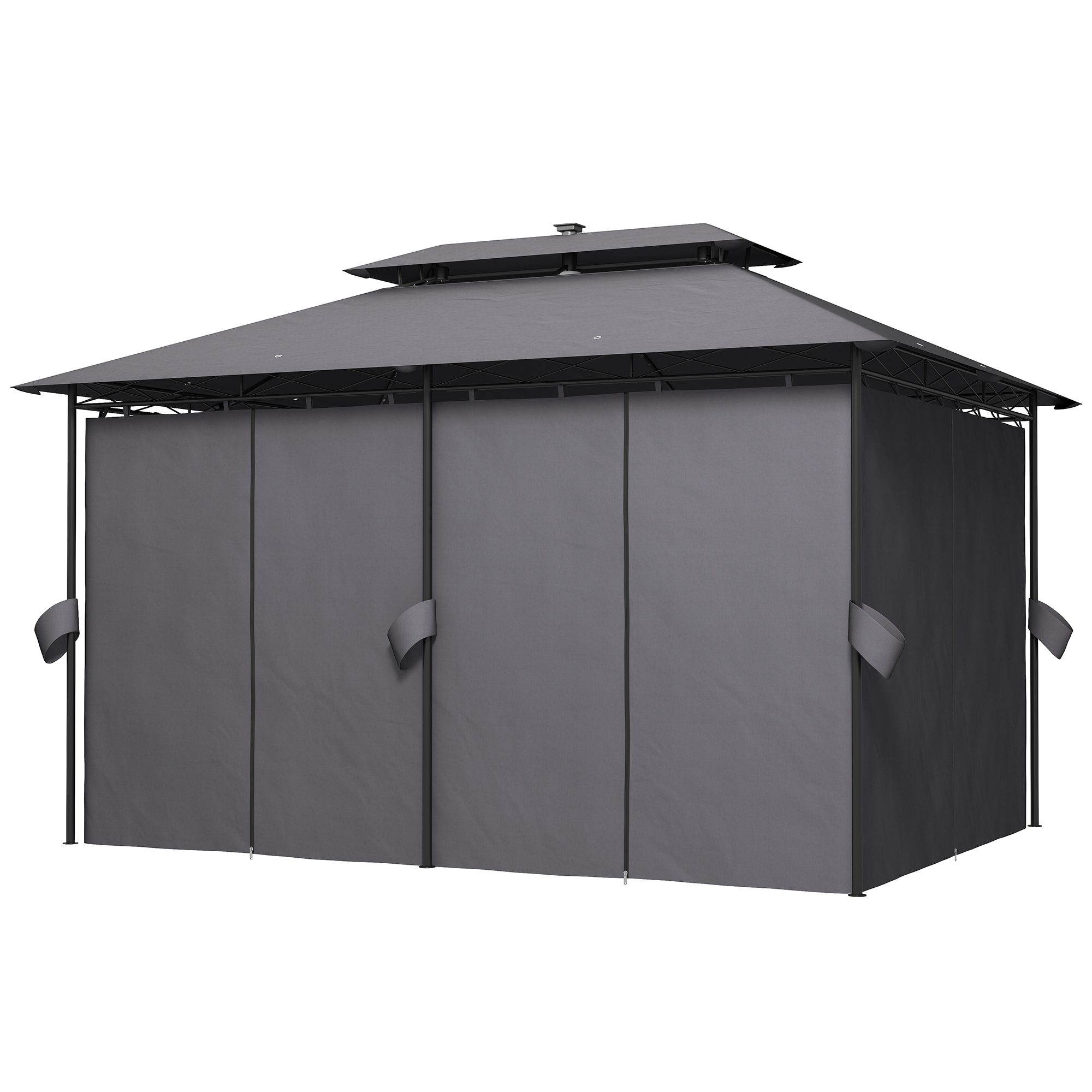 Outsunny 3 x 4 m Garten-Pavillon, Gartenzelt mit Seitenwänden und Solar-LED-Lichtern, Stahlrahmen, Terrassenzelt, Dunkelgrau