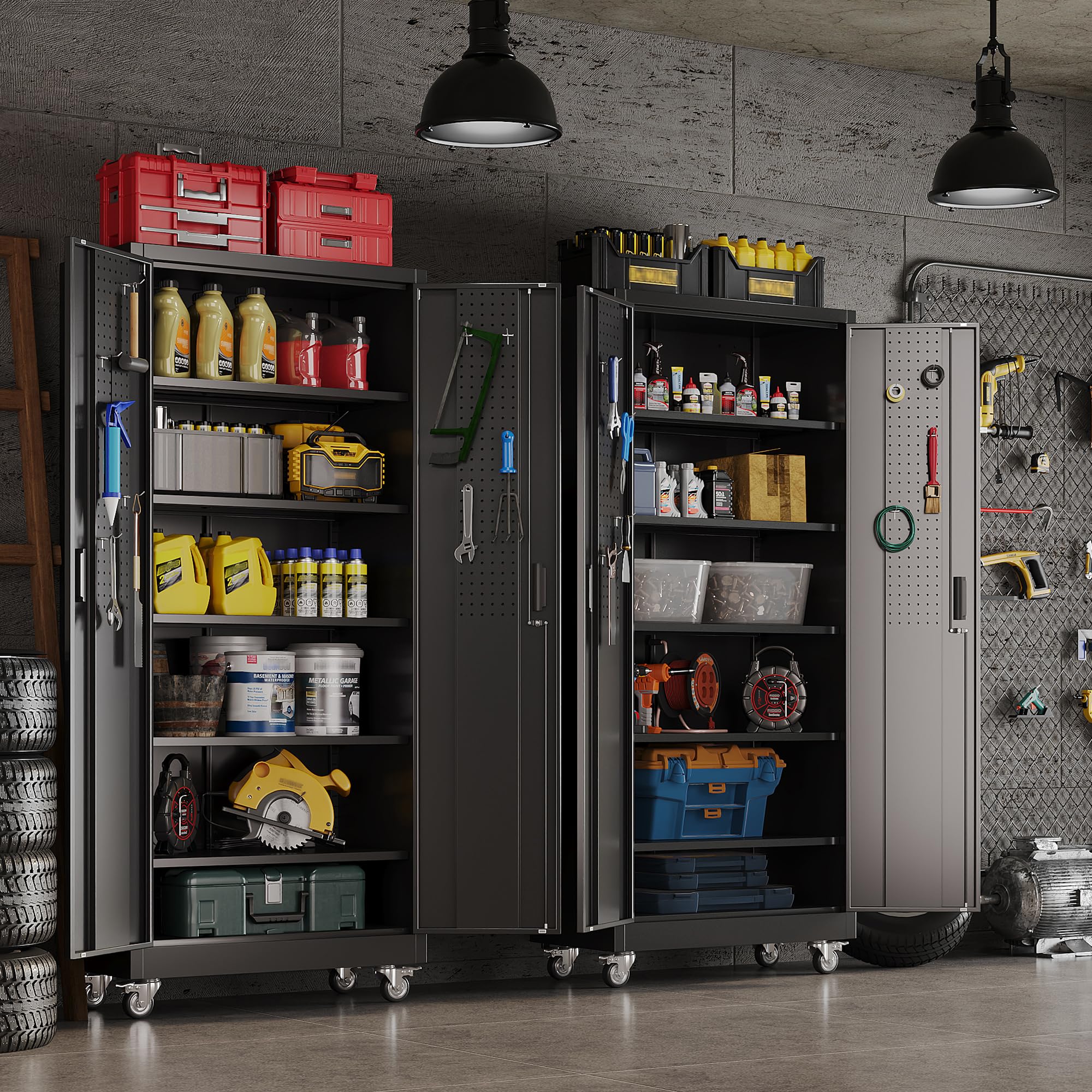 Metallschrank mit Pegboard 180 x 80 x 40 cm abschließbar 5 verstellbare Trennwände 4 Rollen 250 kg Tragkraft Schwarz