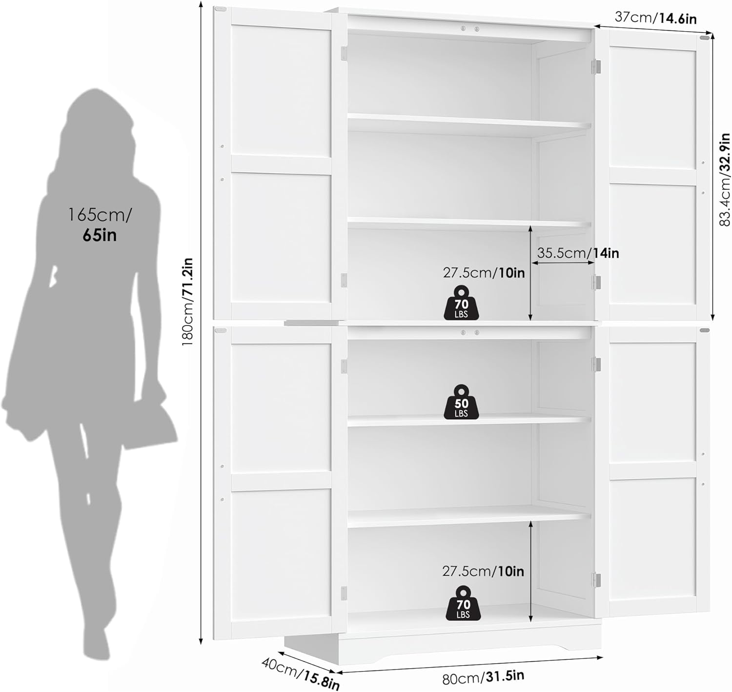 HOCSOK Credenza Cucina Alta, Mobile Dispensa Cucina con 4 Ante, 180x80x40 cm, Mobile Armadio Per Soggiorno, Sala da Pranzo, Camera da Letto, Bianco