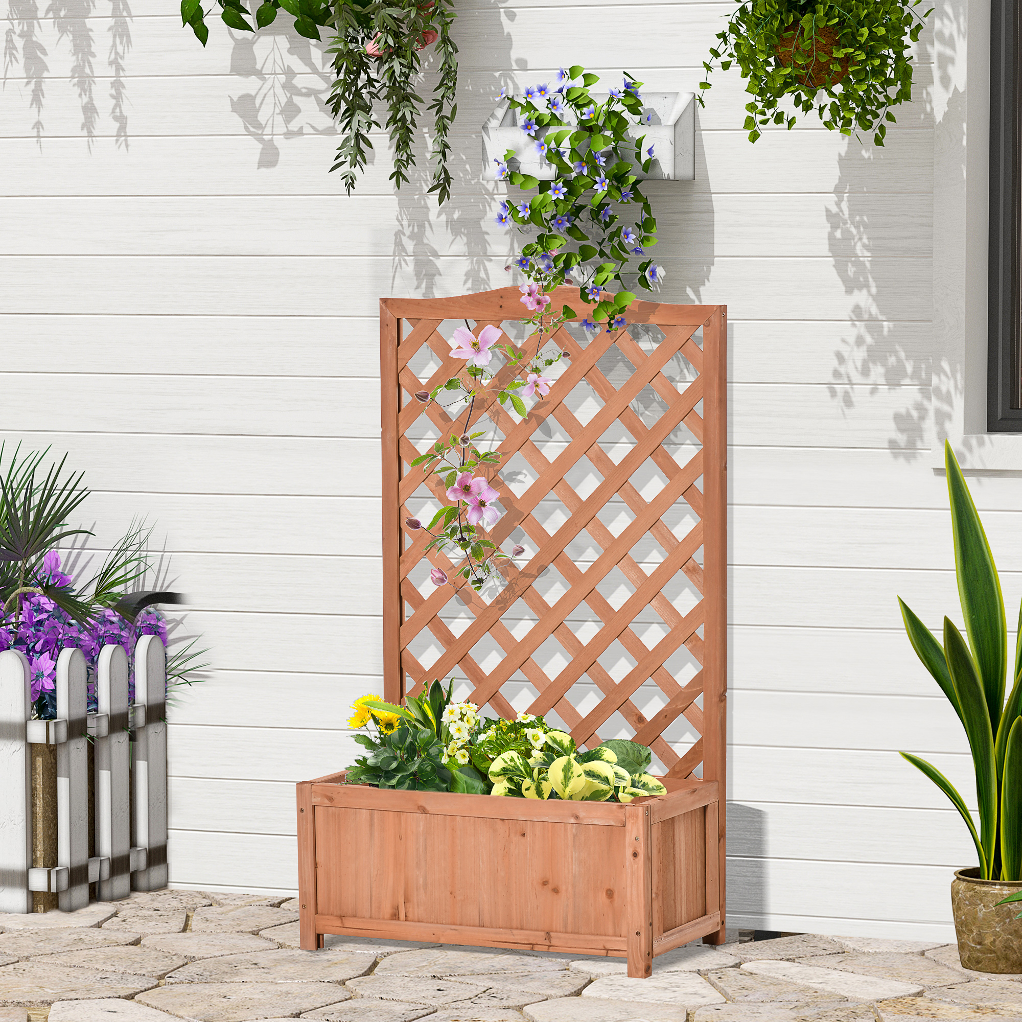 Outsunny Jardinière mit Gitter - Blumenkasten - erhöhter Blumenkasten - Abmessungen 70B x 28T x 117H cm - Lattenboden - Vorbehandeltes Tannenholz