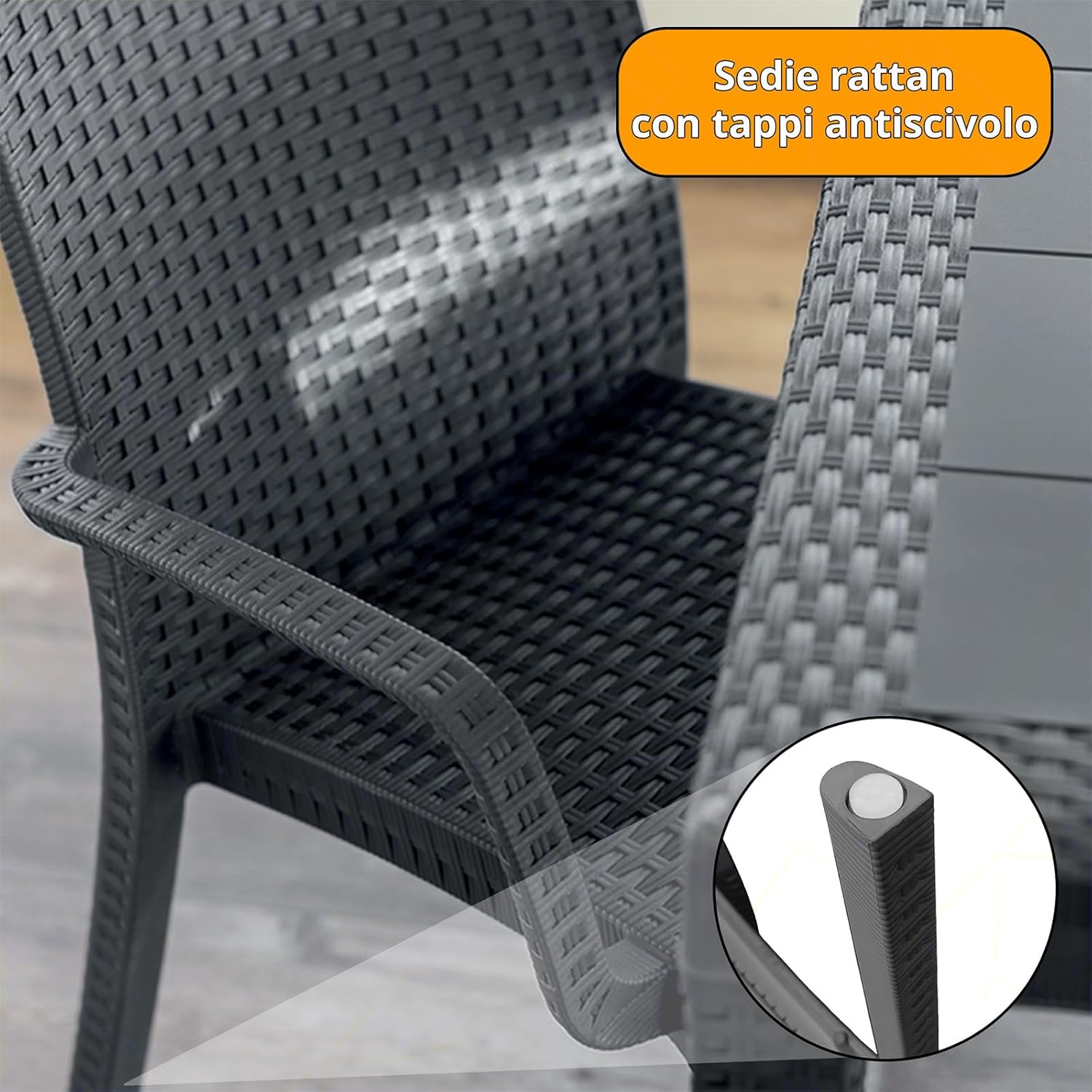 Sicignano Set of 5, 4 Chairs with Armrests + 1 Square Rattan Table – Stackable, UV Resistant, Indoor Outdoor Furniture Bar Pub Garden Terrace, Made in Italy (Anthracite)