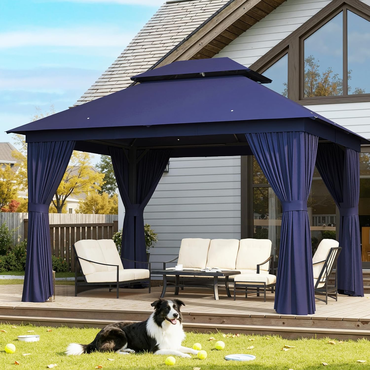 AOXUN Outdoor Gazebo for Patio 10x12 Metal Frame Canopy with Double Roofs Heavy Duty Party Tent and Shelter with Mosquito Netting and Privacy Screen for Backyard  Lawn  Garden  Deck (Navy Blue)