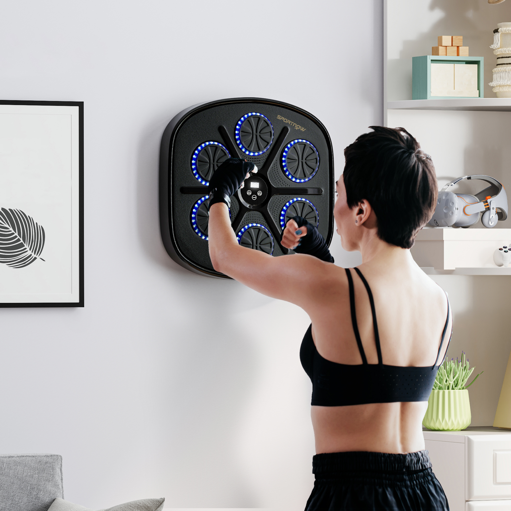 SPORTNOW Musik-Boxmaschine, Rhythmisches Boxgerät, 9 Modi, Bluetooth, LED-Lichter, mit Boxhandschuhen, Schwarz