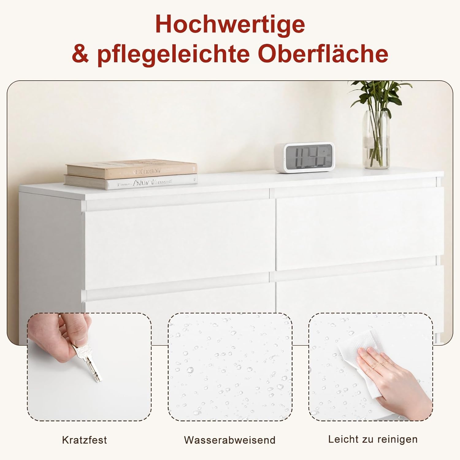 Sweetcrispy Kommode, Weißes Sideboard mit 6 Schubladen, 120×30×75cm, Viel Stauraum für Wohnzimmer, Flur & Schlafzimmer, Moderner Kommodenschrank