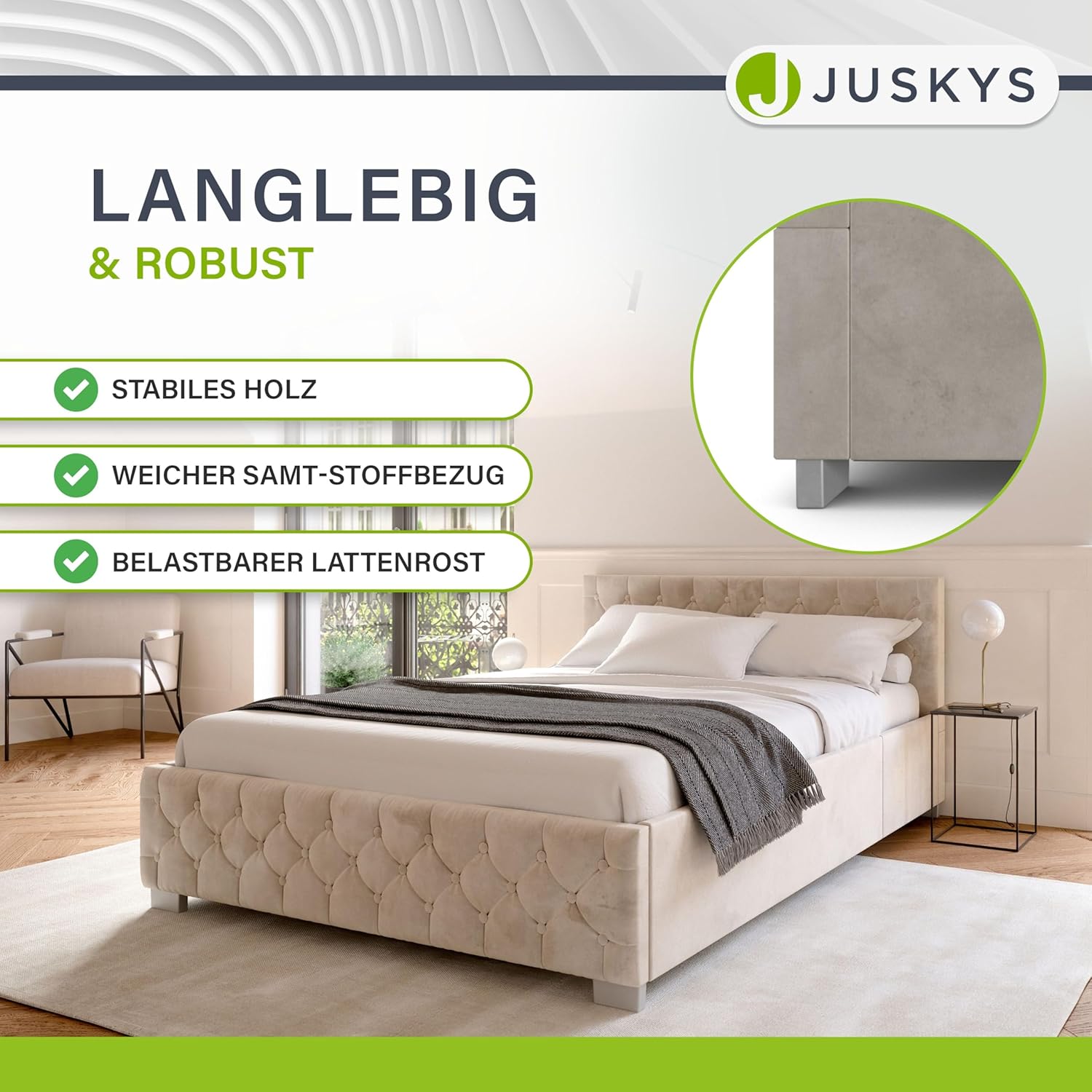 Juskys Polsterbett Nizza 120x200 cm mit Matratze, Bettgestell mit Lattenrost, Stauraum & LED Beleuchtung, Samtbezug, Chesterfield-Steppung, Beige