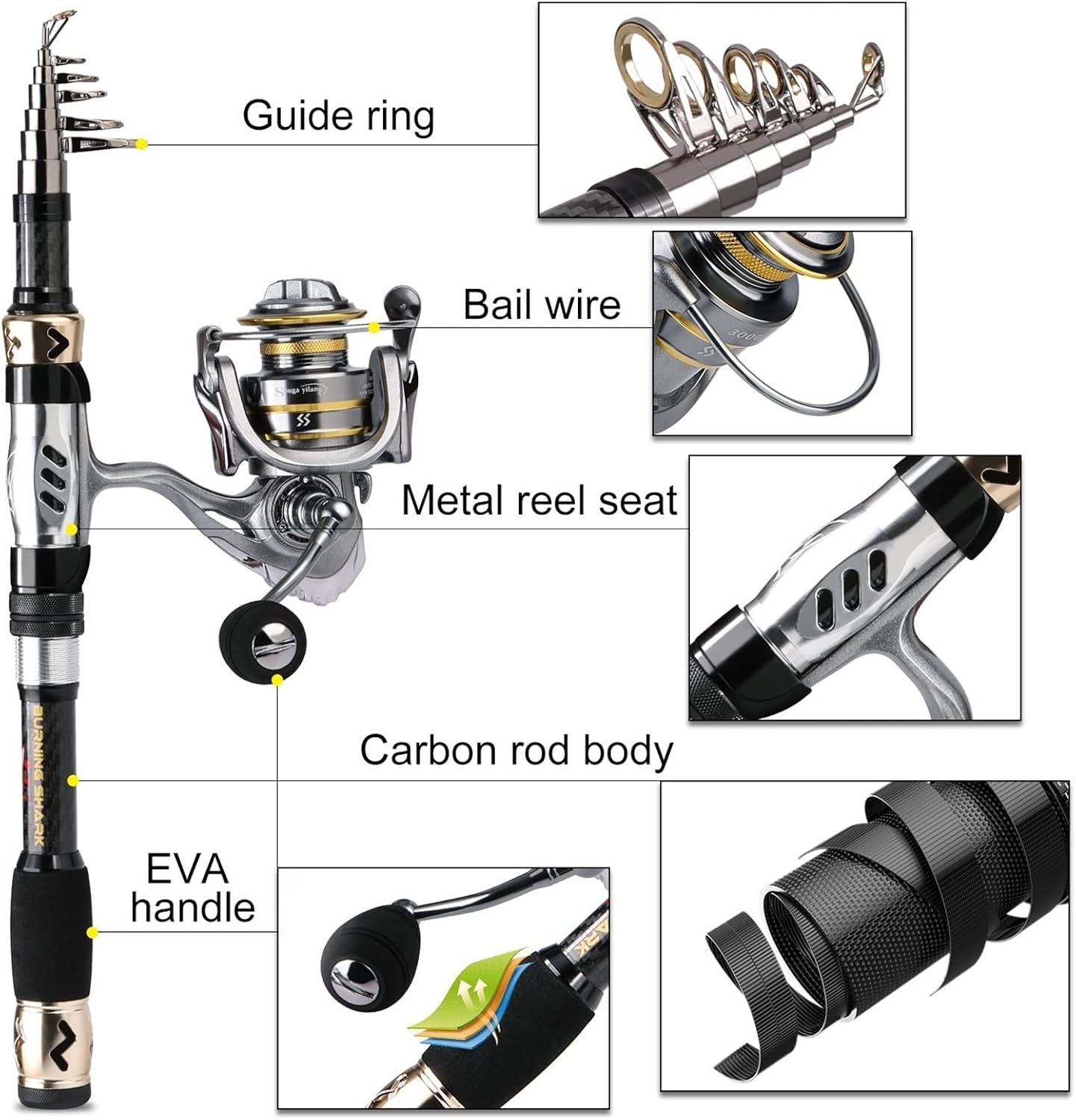 Panfish Rod Angelrute und Rolle Combos, Kohlefaser, Teleskop-Angelrute, Spinnrolle 13 + 1 BB mit Koffer-Angelset, Baitcast-Rute