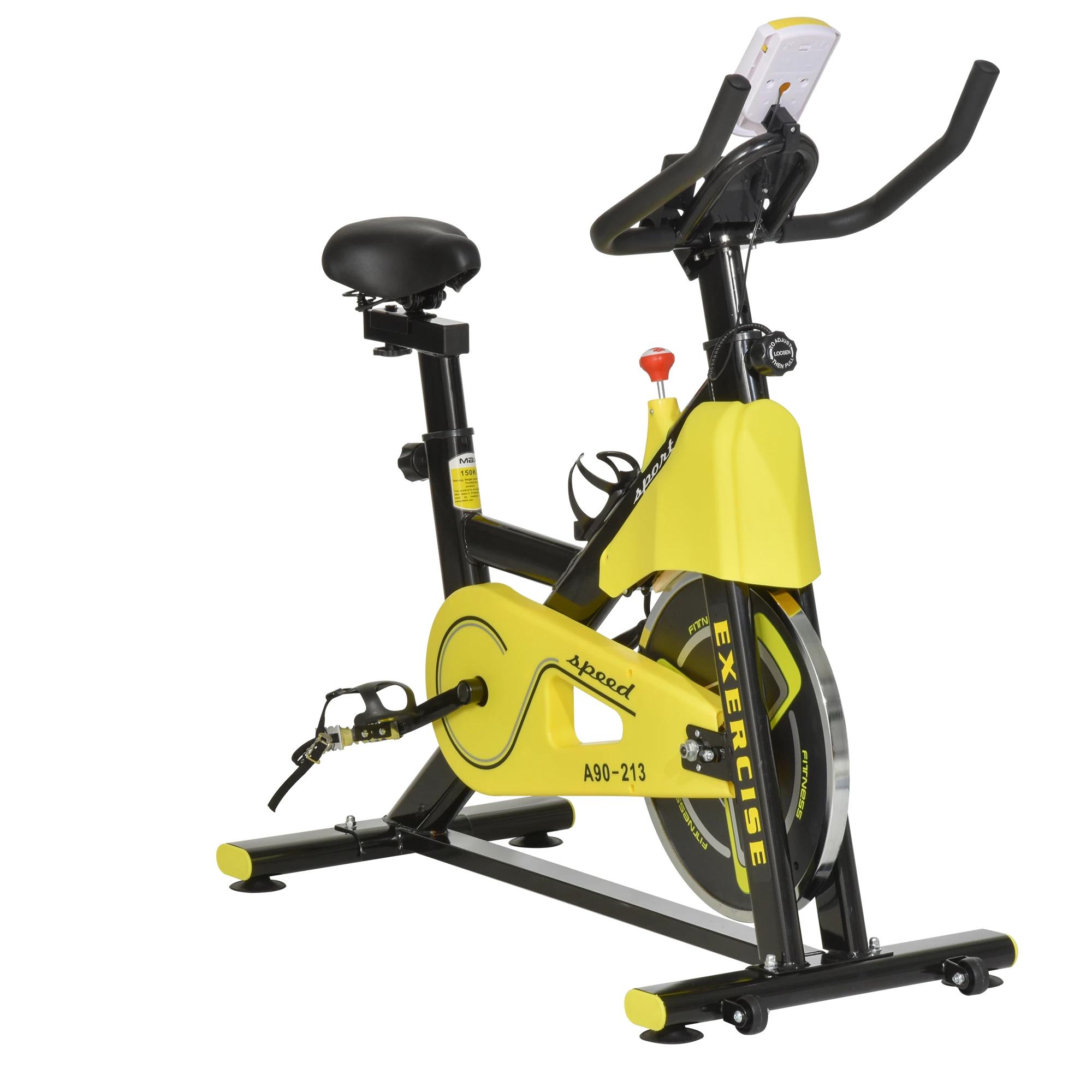 fietstrainer in hoogte verstelbare hometrainer fitness fiets rollertrainer met riemaandrijving LCD display staal ABS geel + zwart 50 x 100 x 101-113 cm