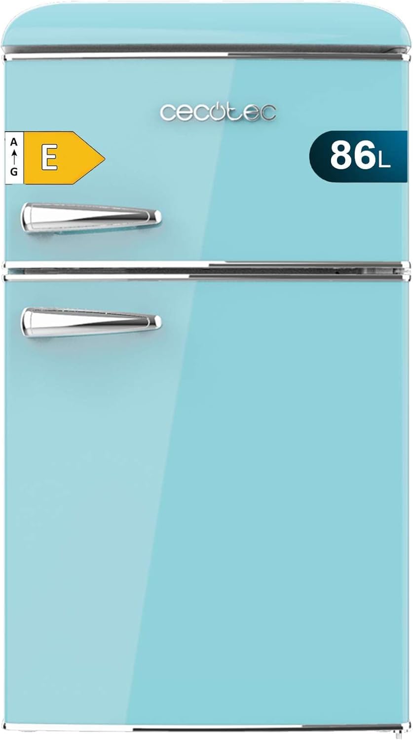 Cecotec Mini Frigorifero Retro Bolero Coolmarket 2D Origin 86 Blue E. Due Porte Blu di 89,3cm di Altezza e 48,7 di Larghezza con Capacità di 86L, Classe Energetica E, Led Interno e Maniglia Cromata