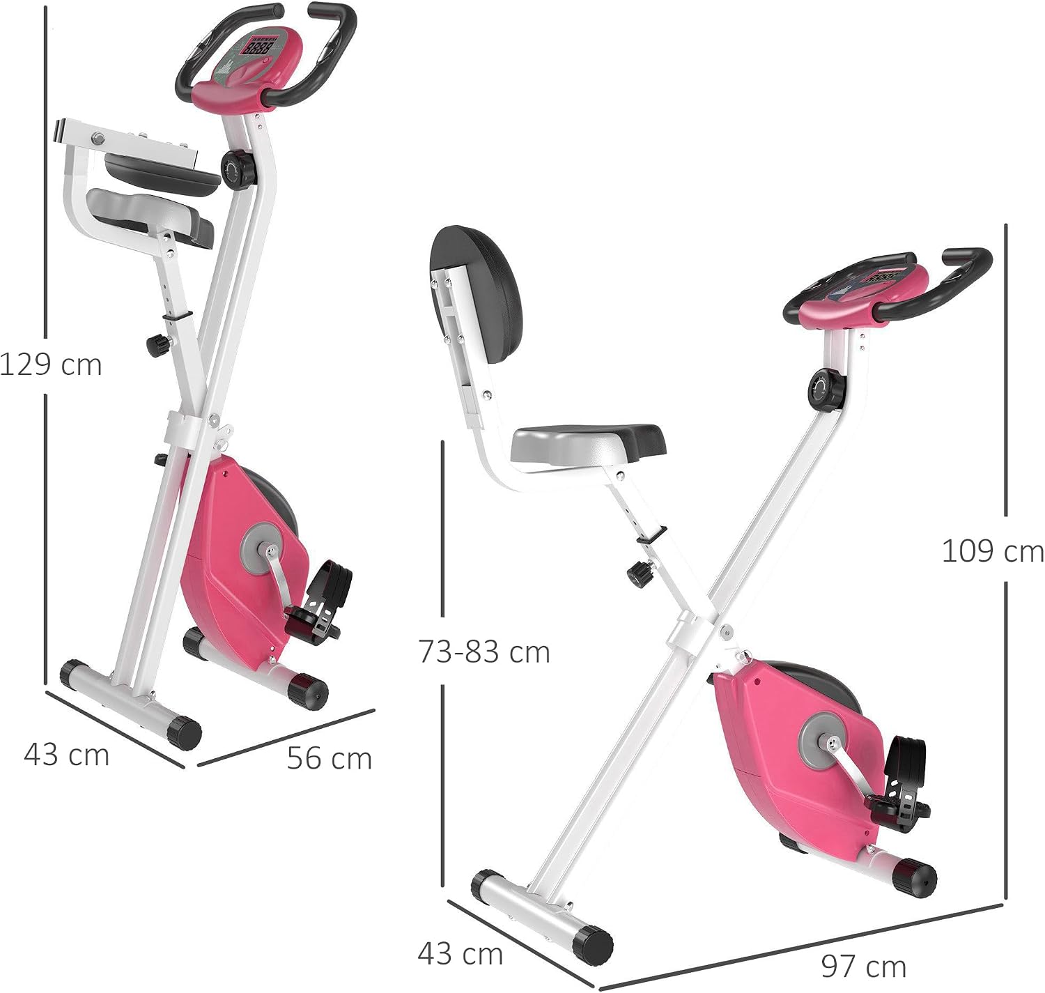 HOMCOM Cyclette Pieghevole da Fitness in Acciaio, Cyclette Magnetica Pieghevole da Casa con Altezza Regolabile, Resistenza Magnetica a 8 Livelli, Schermo LCD, 43x97x109cm