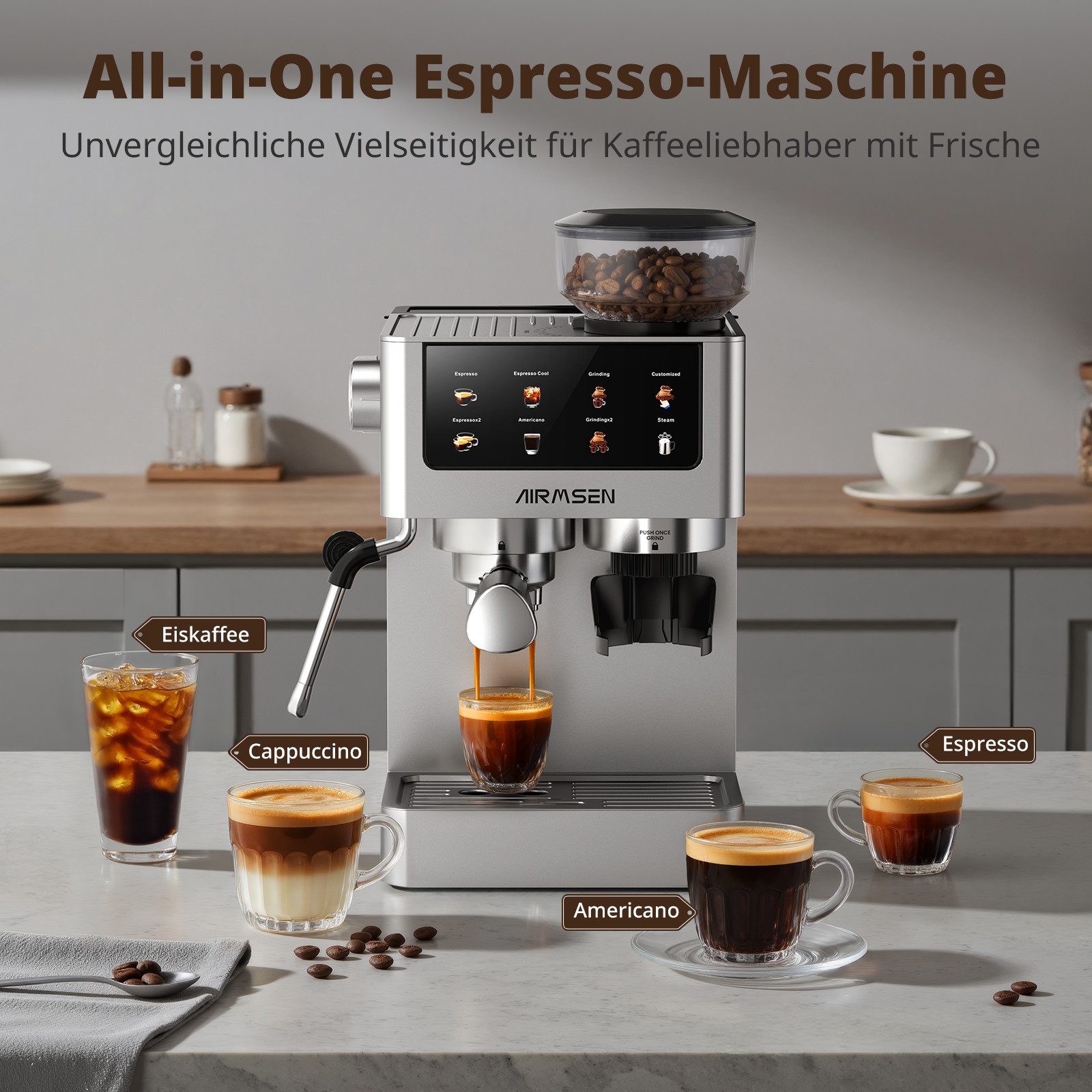Espressomaschine mit integrierter Mahlfunktion,20 Bar,Cold Brew