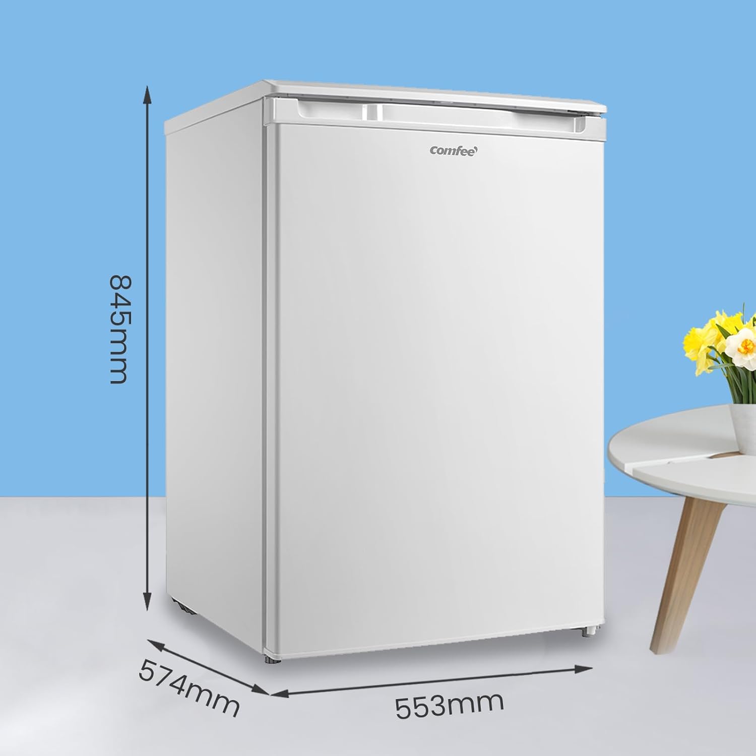 COMFEE RCU83WH3EU(E) 88L Gefrierschränke mit Inverter-Kompressor, D‑Energieeffizienz, -24°C 4-Sterne-Gefrieren, Leise 39 dB, Gefrierschrank klein 55 cm Breite, 3 Fächer für Küchen Büros-Weiß