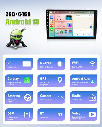 8Core 2G 64GCAMECHO Autoradio per VW Polo 6R 6C 2008 2016,Android 13 丨Stereo 2 DIN con Schermo da 9 Pollici con Navigatore GPS Carplay Android Auto DSP RDS Bluetooth Mirror Link Telecamera Posteriore : Amazon.it: Elettronica