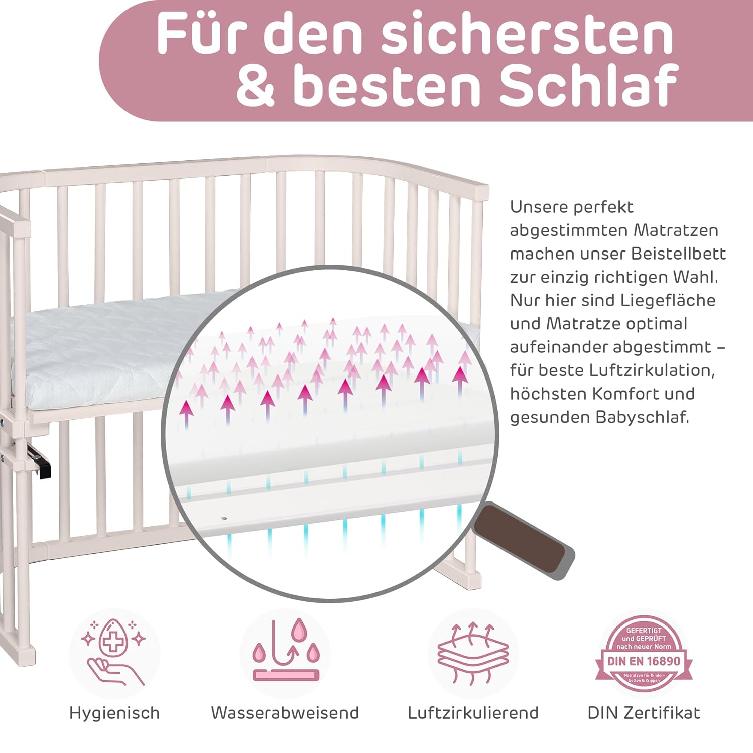 babybay Original Beistellbett aus massivem Buchenholz / kompakt & verwandelbar / Kinderbett Höhe stufenlos verstellbar & umweltfreundlich / mitwachsendes Babybett (weiß lackiert) / inkl. Matratze