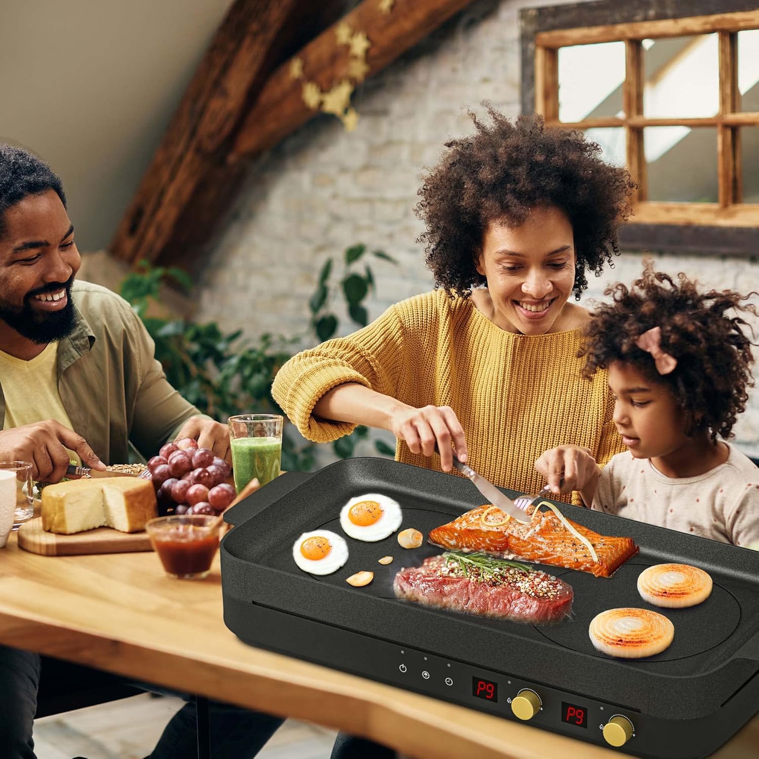 COOKTRON Portable Induktionskochfeld 2 Brenner mit abnehmbarem Eisen Guss Grillpfanne Antihaft, 2800W Doppelinduktionskochfeld mit Kindersicherung Zeit, ideal für Familienfeier