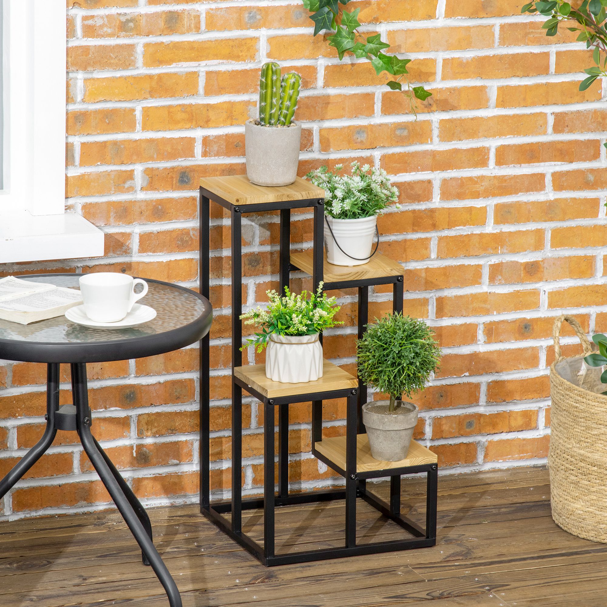 Outsunny Pflanzenständer im Industrie Design mit 4 Regalen, Blumentreppe, 34 cm x 34 cm x 66 cm, Natur + Schwarz