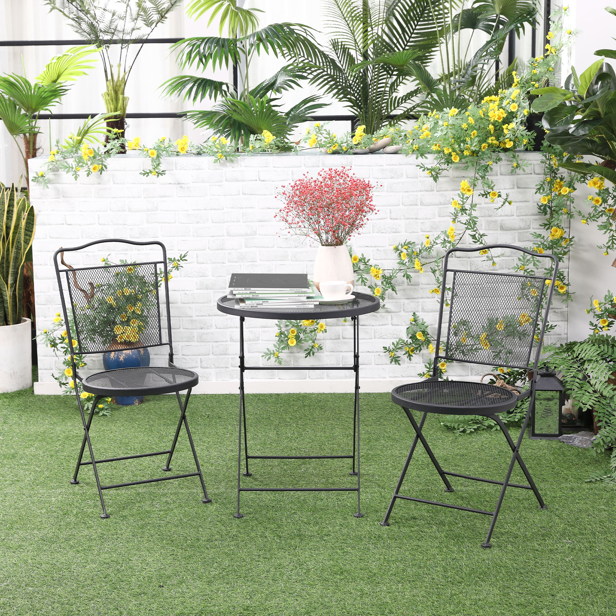 Outsunny Gartenmöbel-Set für 2 Personen Essgruppe Balkonmöbel Set Gartenmöbel-Set 1 Tisch+2 Stühle Metall Schwarz