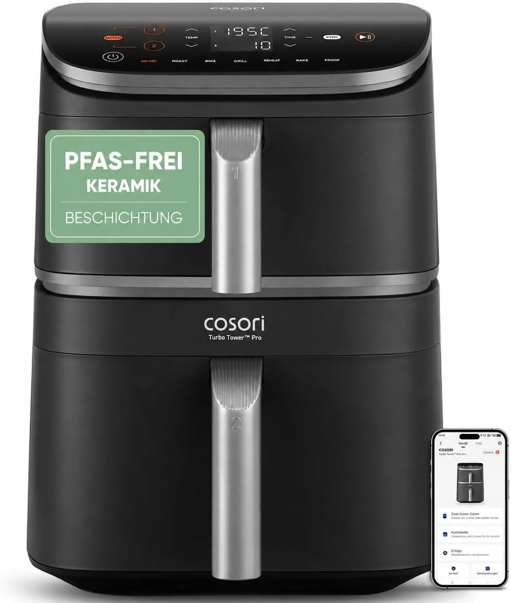 Cosori Heissluftfritteuse, 10,8 L, Grau/Silber, Turbo Tower Pro Smart Airfryer, Keramikbeschichtung Heißluftfritteuse