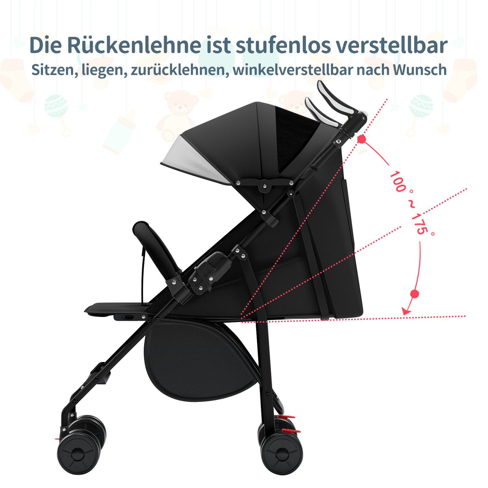 Kinder-Buggy Baby Kinderwagen, Klappbar Reisebuggy, Liegefunktion
