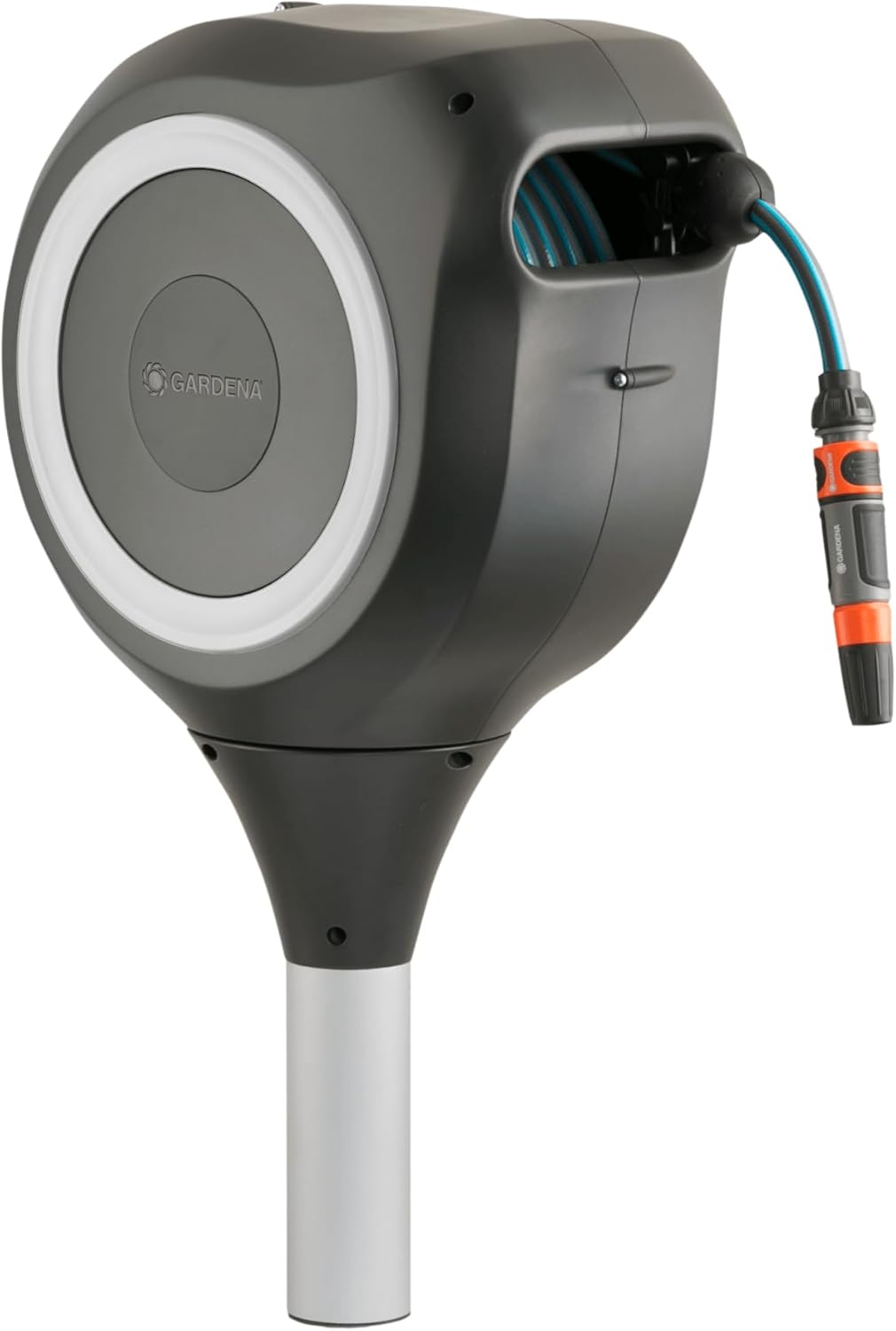 Gardena Garten-Schlauchbox RollUp M (weiß) 20 m: Schwenkbare Schlauchbox, integrierte Schlauchführung, inkl. 20 m Gardena Qualitätsschlauch, Erdspieß und Montagehilfe (18616-20)