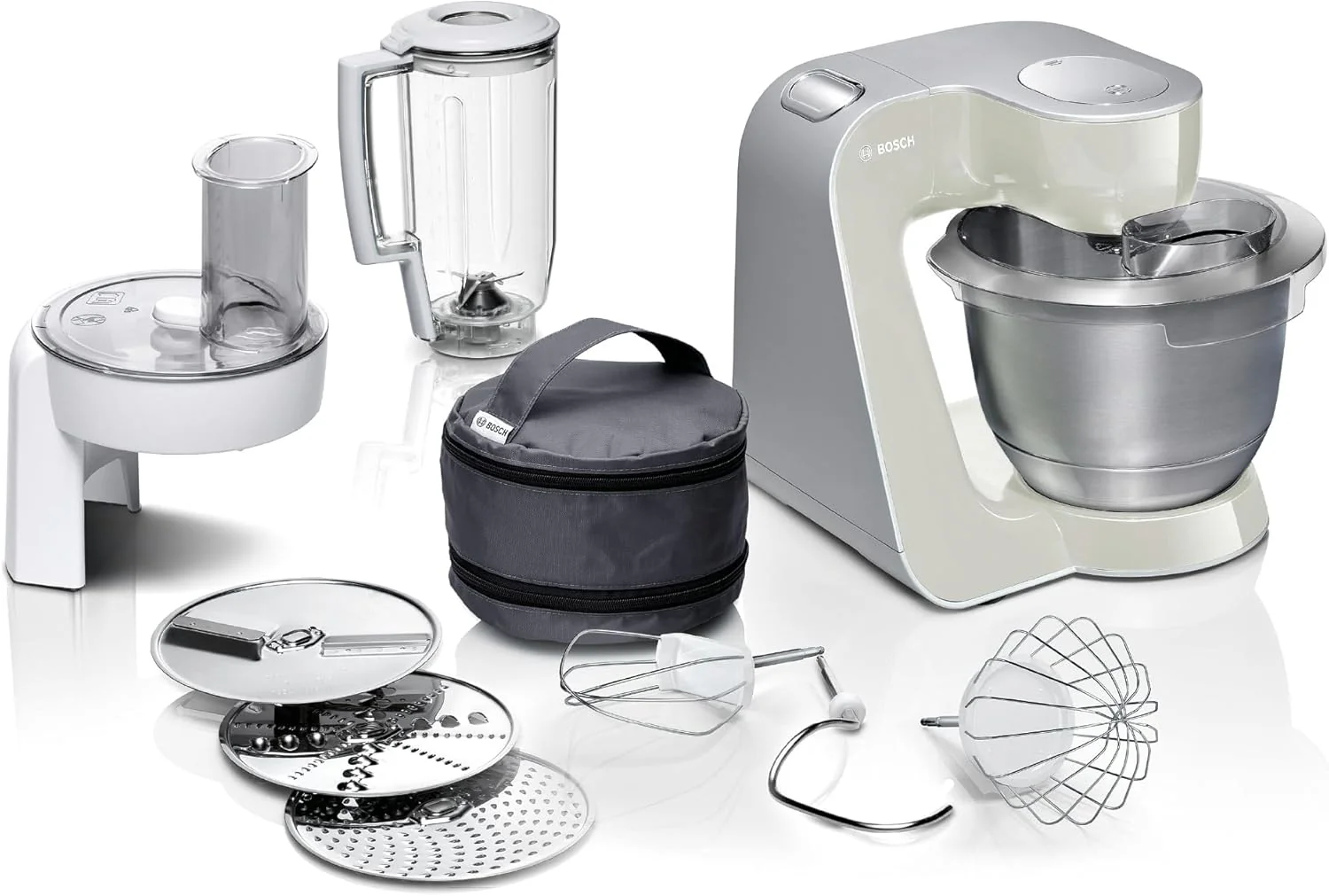 Bosch Keukenmachine Serie 4 MUM58720, roestvrijstalen kom 3,9 L, mixer 1,25 L, planetair roersysteem, kneedhaak, garde, roerstaaf, continue snijder, 3 schijven, 1000 W, donkerrood/zilver