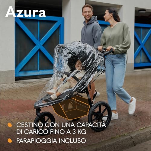 LIONELO AZURA Passeggino per Jogging da 6 mesi a 22kg Passeggino a Tre Ruote, Schienale Regolabile Completamente Reclinabile Grandi Ruote Gonfiabili Sospensione Completa Cappottina XXL : Prima infanzia