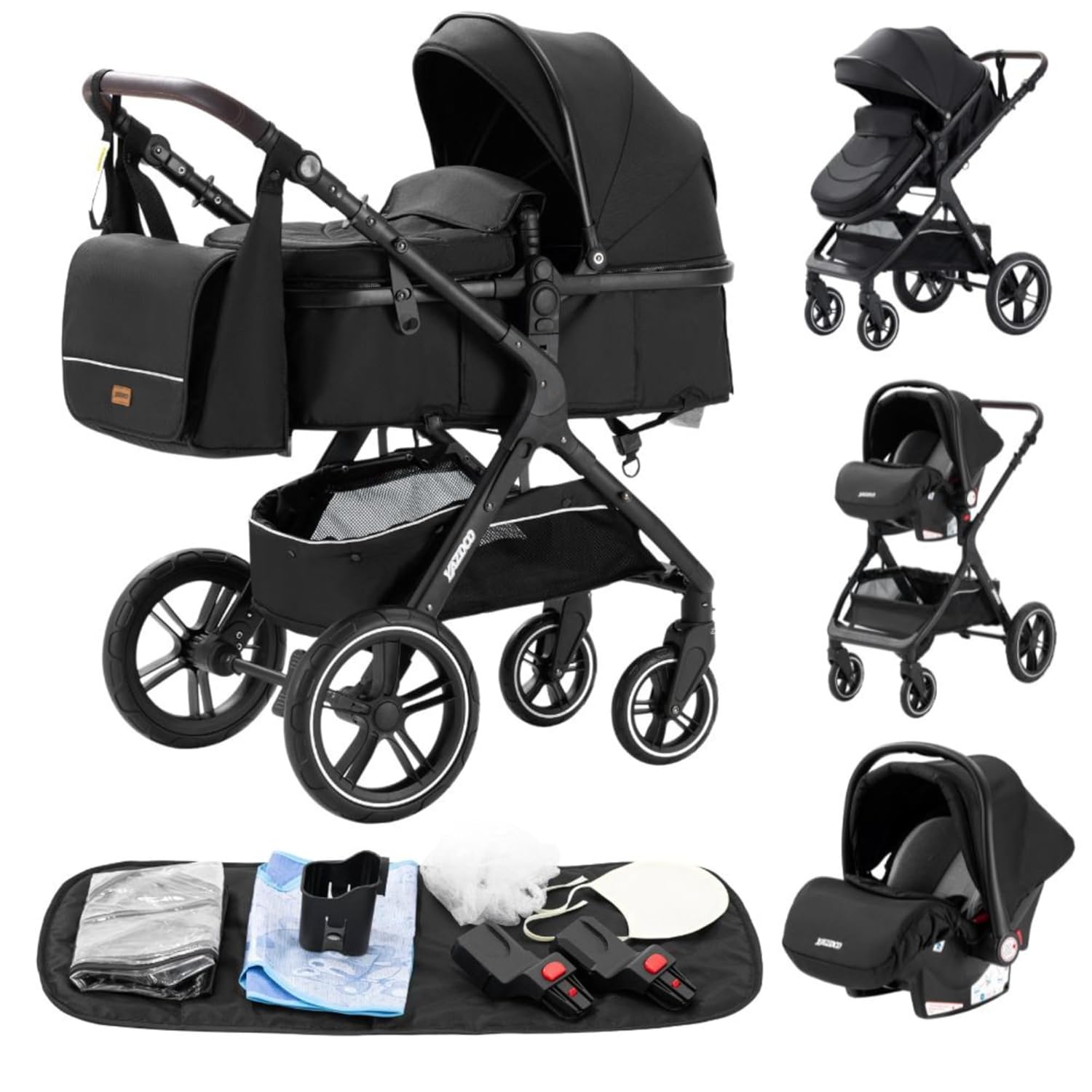 YAZOCO kinderwagen 3 in 1, Zusammenklappbar kinderwagen mit Wickeltasche,Komplettset Becherhalter,Moskitonetz, Fußabdeckung,Sitzzubehör (4 Rosa)
