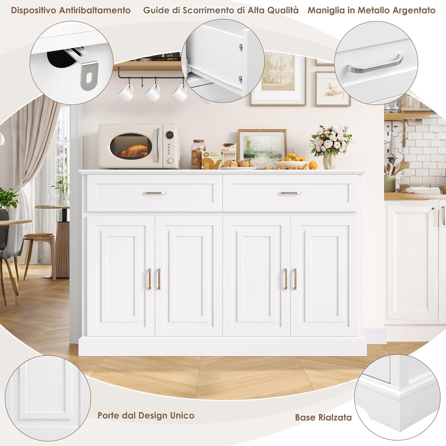 FirFurd 140CM Credenza Cucina,Mobile Cucina con 2 Cassetti e 4 Ante, Madia Soggiorno Moderna con Ripiani Regolabili e Rimovibile, per Cucina, Sala da Pranzo, Soggiorno, 140x39.5x92.2cm Bianco