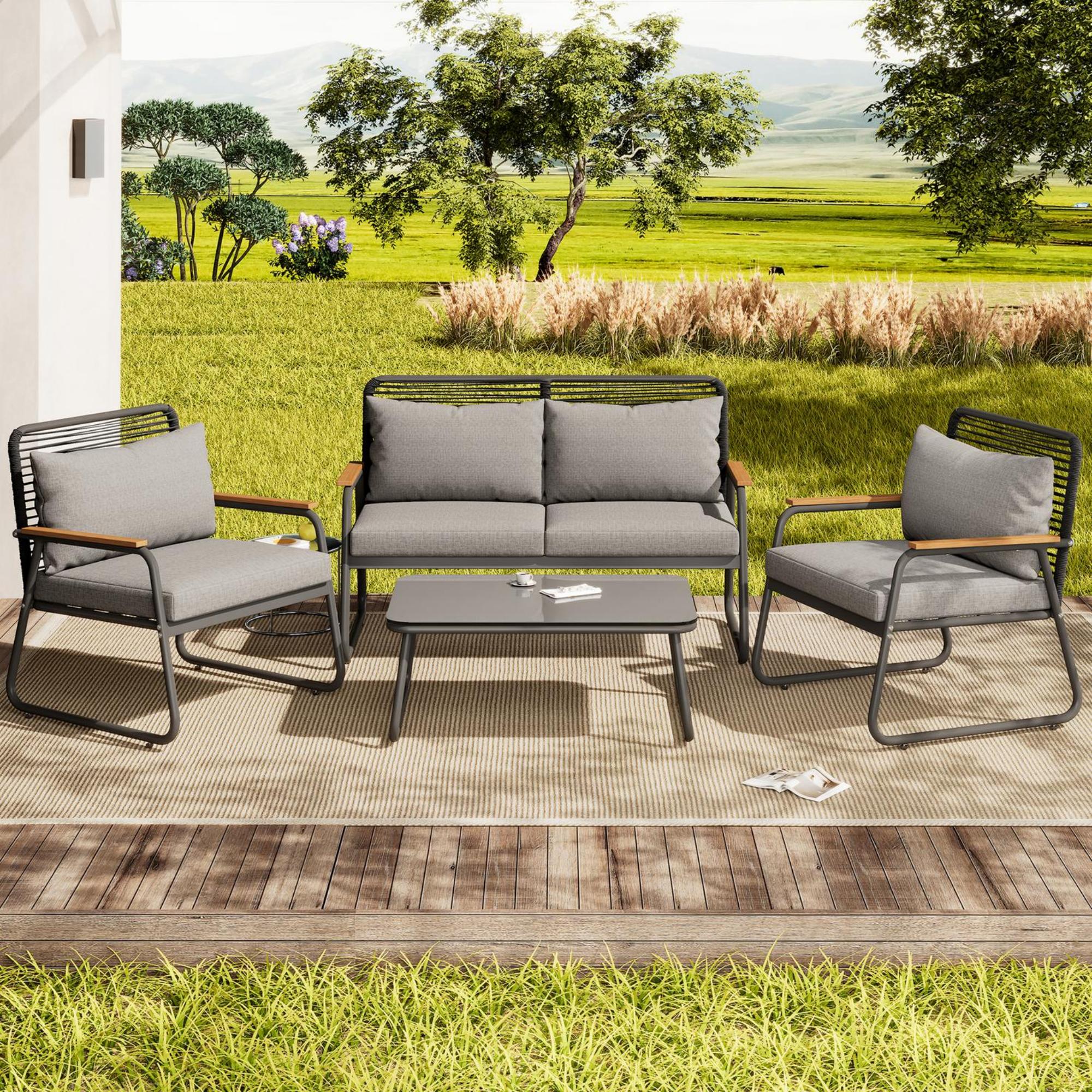 Garten-Lounge-Set für 4 Personen, mit Doppelsofa, 2 Einzelsofas und 1 Couchtisch, Grau