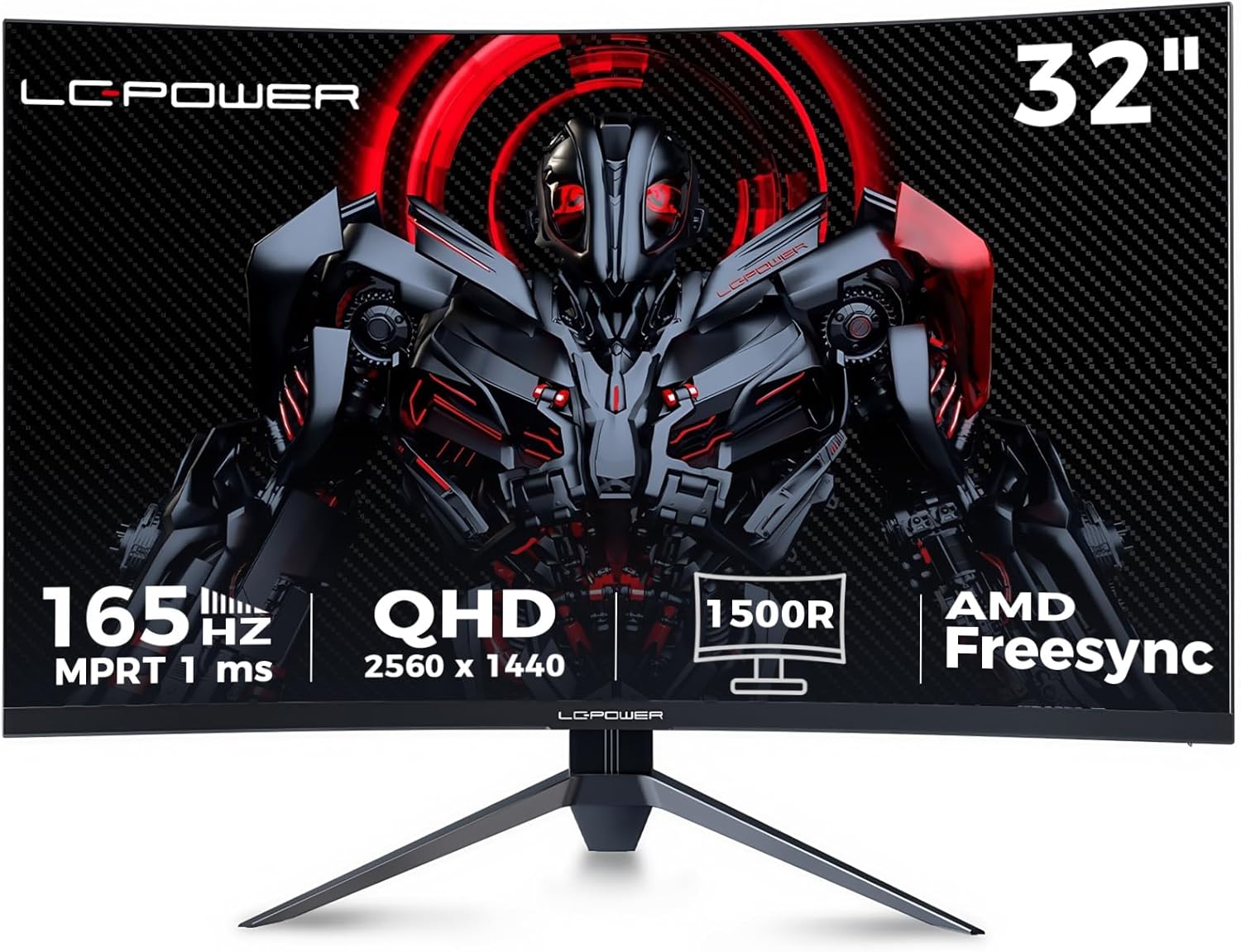 LC-Power Monitor Gaming 32 Pollici Curvo(1500R), QHD 2560x1440, 165Hz, 1ms, VA, HDR, 120% SRGB, FreeSync, Low Blue, Flicker-Free, VESA, HDMI 2.0, DisplayPort 1.2