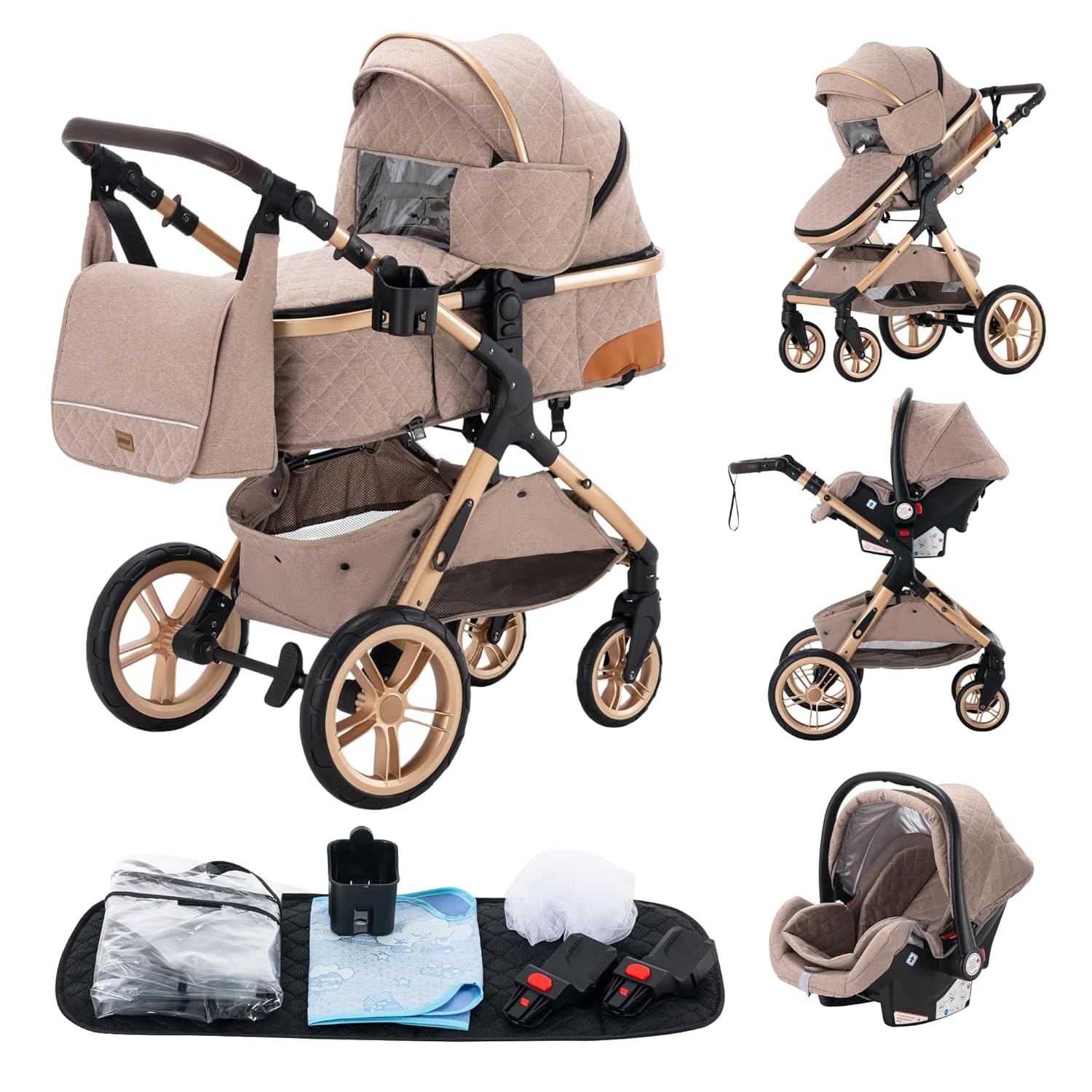 YAZOCO kinderwagen 3 in 1 Buggy Babybett Komplett Set Einem Klick Zusammenklappbarer Kinderwagen, KombiKinderwagen Aluminiumrahmen für Neugeborene Sitzzubehör (1 schwarz)