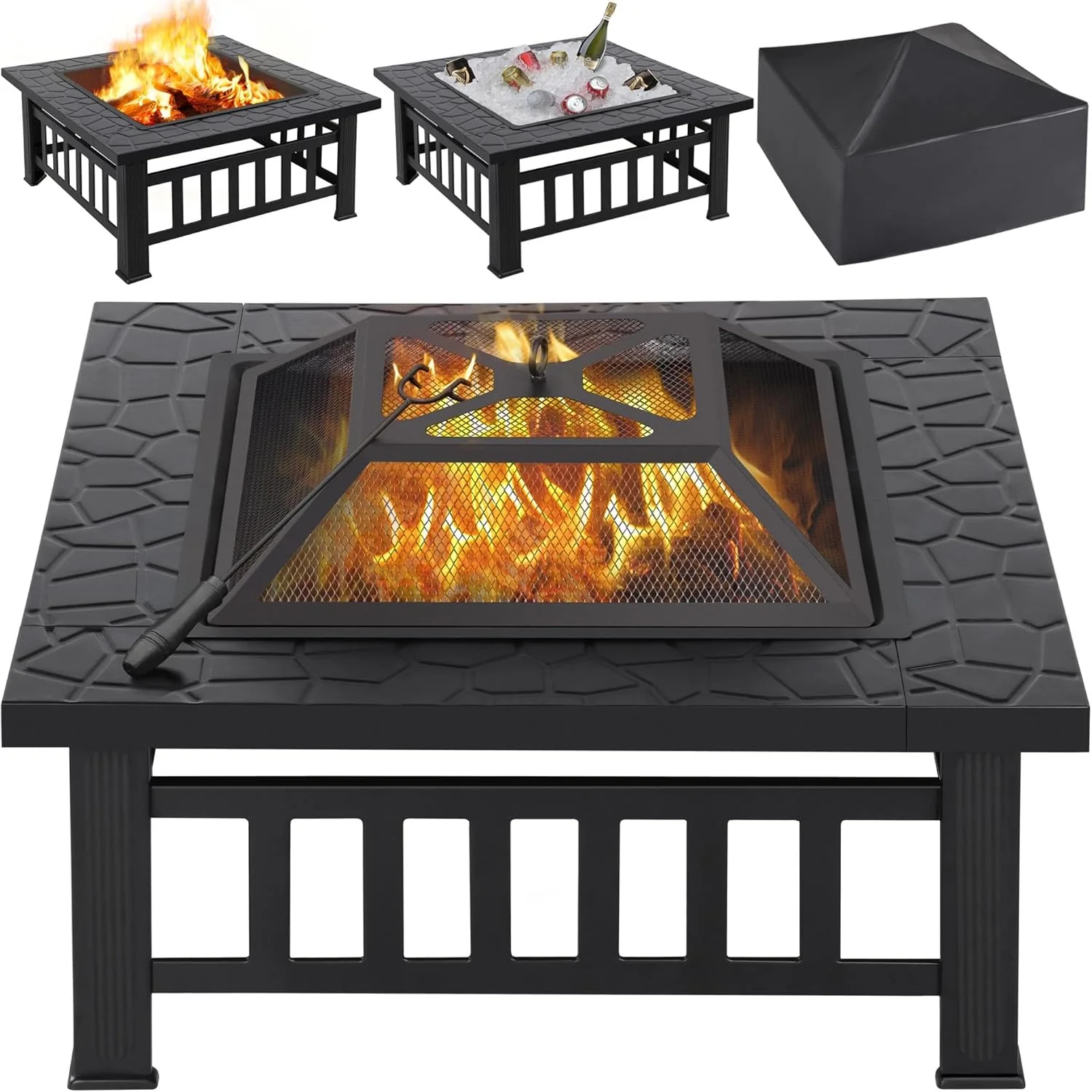 Yaheetech Multifunctional Fire Pit Table 32in Square Metal Firepit Stove Backyard Patio Garden Fireplace for Camping. Outdoor Heating. Bonfire and Picnic
