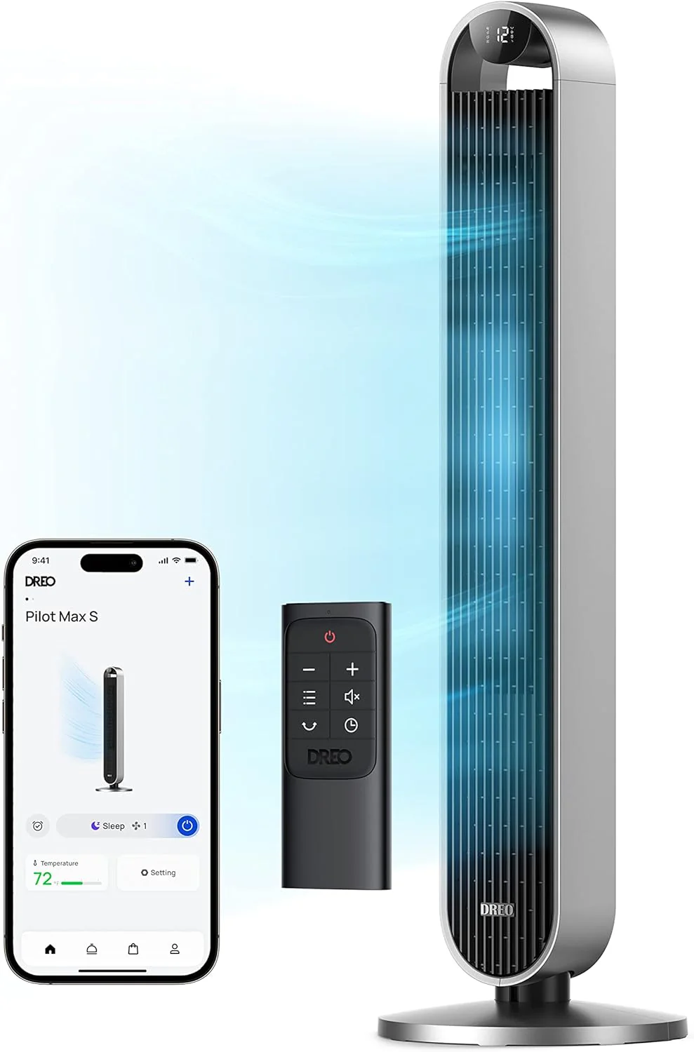 Dreo 25dB Stille Slimme Torenventilator met Spraakbesturing, WiFi Alexa Ventilator, APP Bediening, 120�� Oscillerende Staande Ventilator, 12 Snelheden, 4 Modi, 12-uurs Timer, Pilot Max S