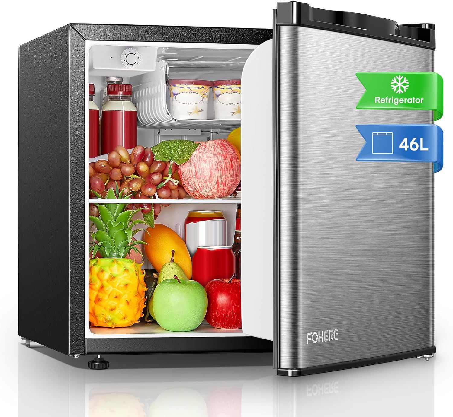FOHERE Frigorifero Piccolo 46Litri, Mini Frigo Tavolo Monoporta, Termostato Regolabile, Silenzioso, Porta Reversibile, Adatto a casa, Appartamenti, ufficio e hotel, Acciaio Inox