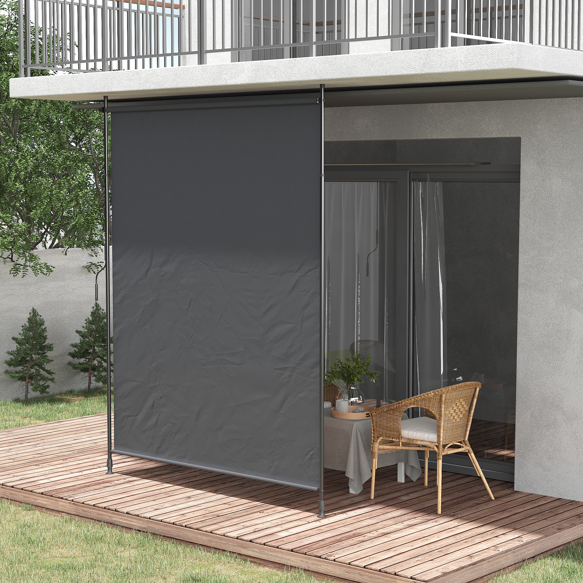 Outsunny Seitenmarkise, Montage ohne Bohren, höhenverstellbar, mit Handkurbel, Metallrahmen, grau, 2 x 2,15-3,05 m