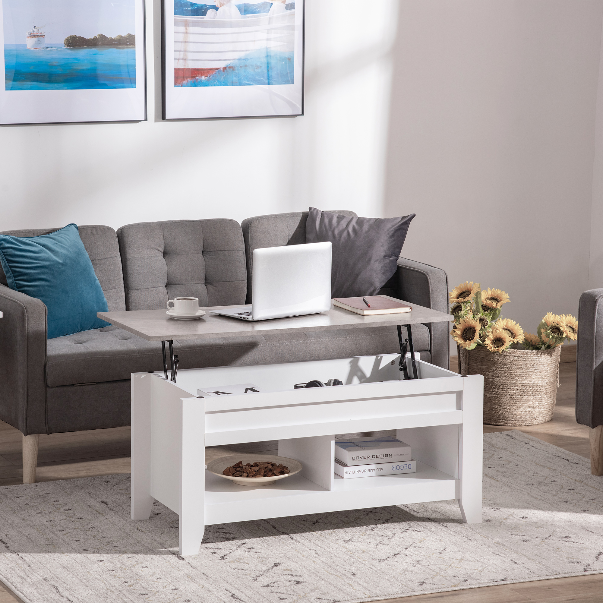 HOMCOM Couchtisch mit klappbarer Tischplatte und 2 Fächern aus Holz in Weiß