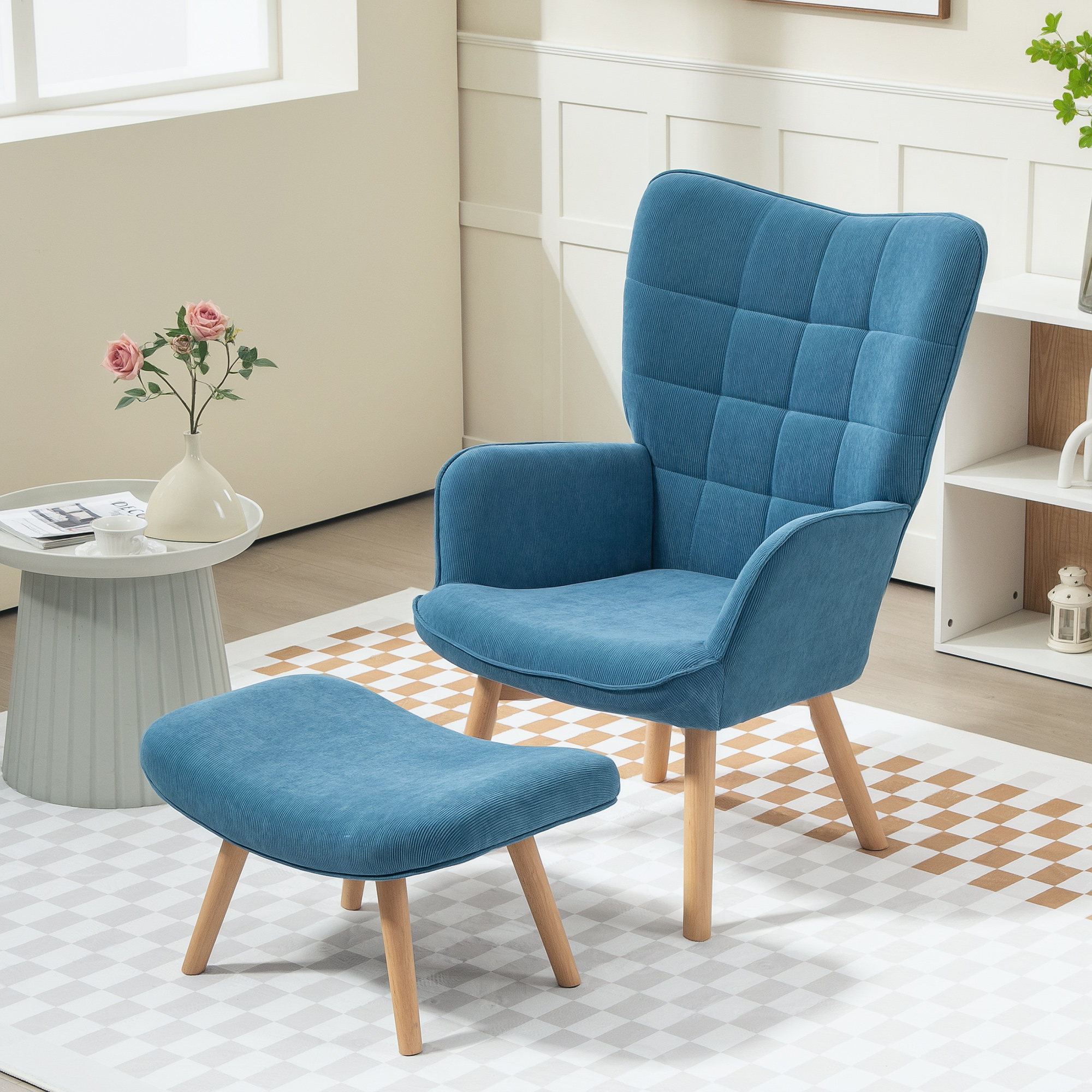 HOMCOM Akzentsessel mit Hocker, Relaxsessel in Cord-Optik, Armlehnstuhl mit Holzbeinen, für Wohnzimmer, Blau