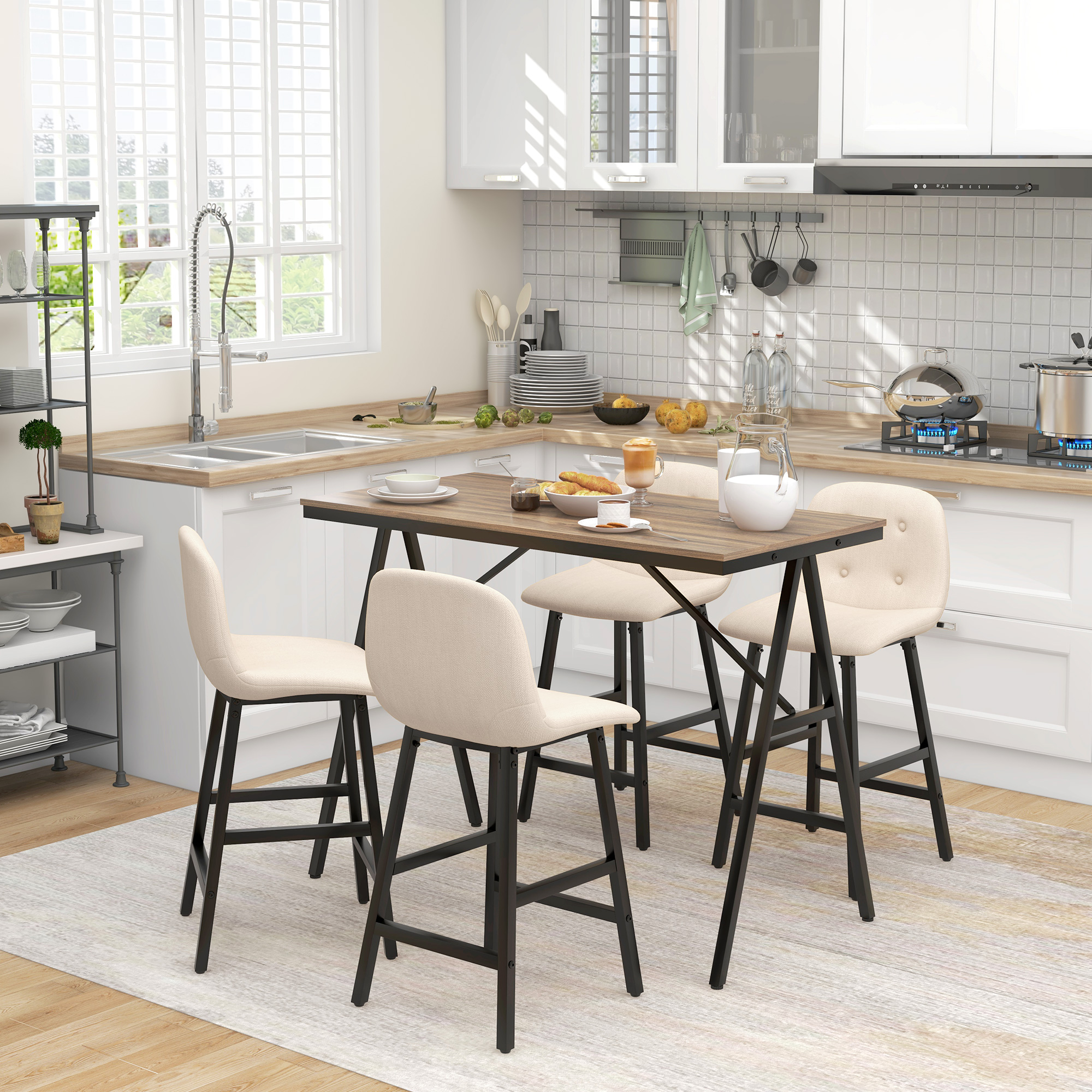 HOMCOM Bargarnitur 5-teilig, Tisch und 4 Stühle, Knopfheftung, dicke Polsterung, Leinenoptik, Beige