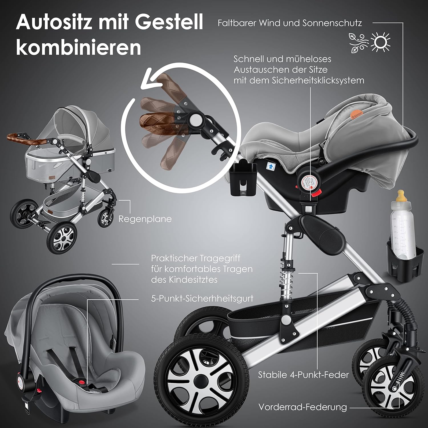 KESSER® Loops 3 in 1 Kinderwagen Kombikinderwagen Komplett-Set inkl. Babywanne & Buggy Sportsitz & Auto-Babyschale Voll-Gummireifen Wickeltasche Regenschutz Kindertisch ECE R129, Schwarz/Schwarz