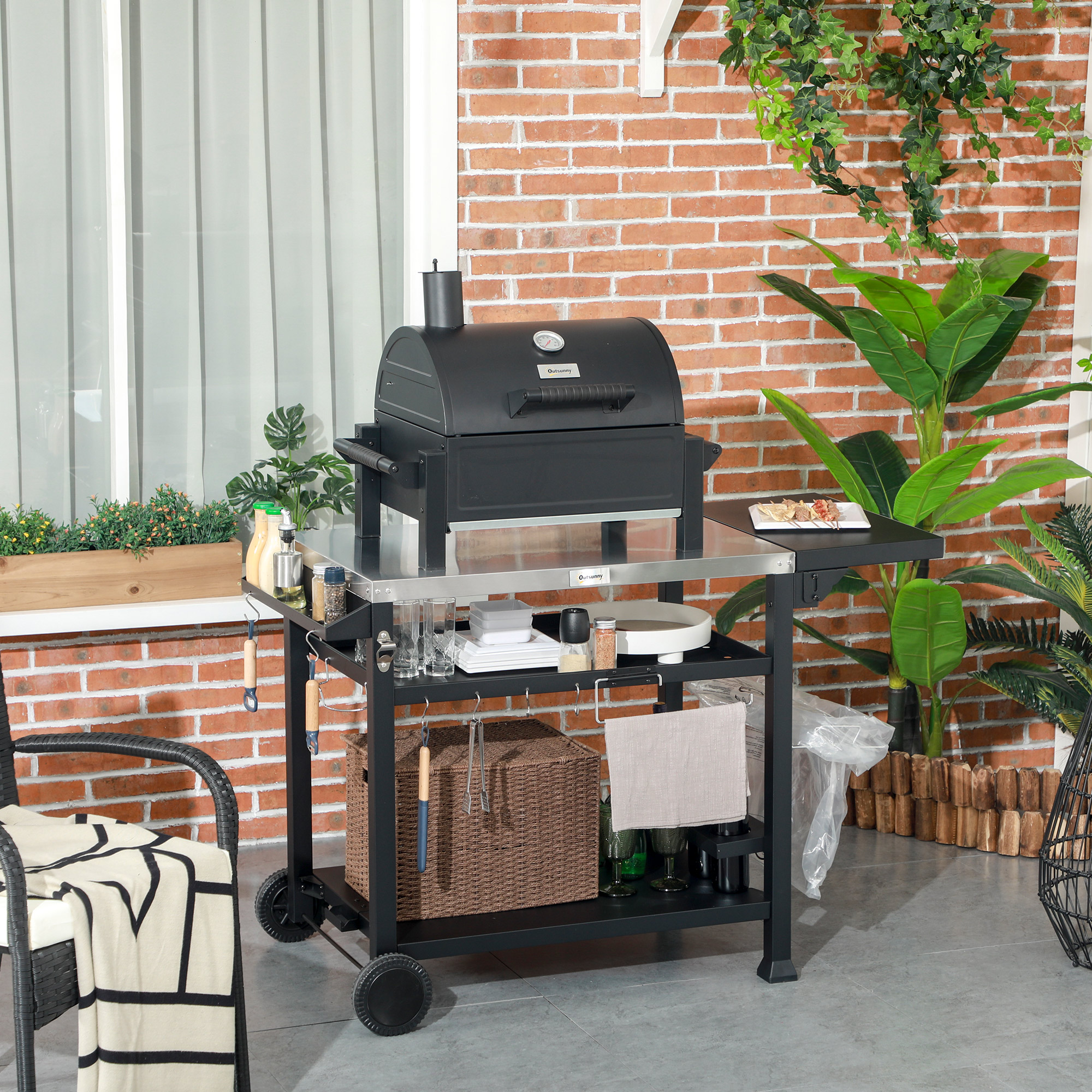 Outsunny Barbecuestation BBQ-wagen, incl. accessoires, 125 x 65 x 84 cm, Zwart + Zilver