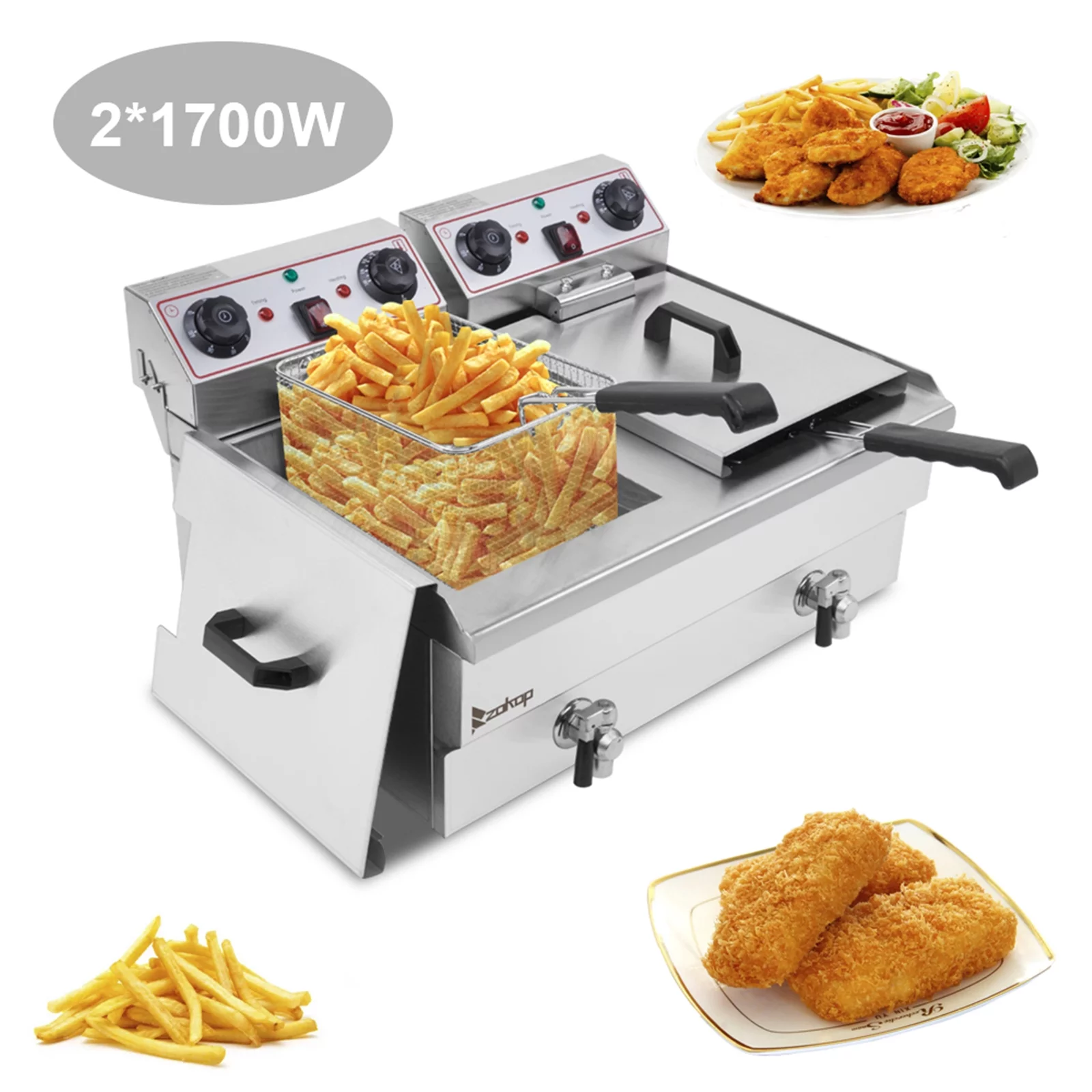 2025 Elektrische Dubbele Friteuse EH102V van 16,9QT in Roestvrij Staal, 3400W MAX (8L + 8L Capaciteit) - Grote Handgreep, Ideaal voor Fans van de Big Blue Stijl